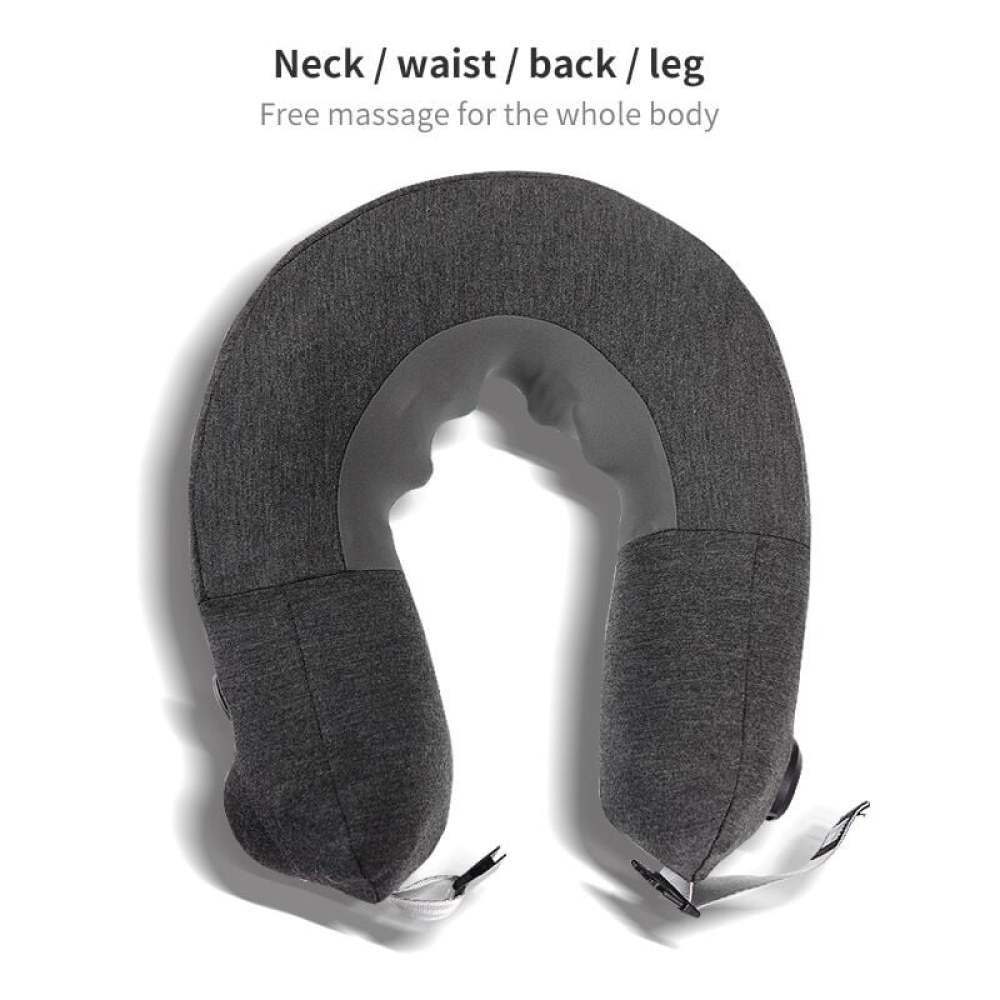 Gezeigt wird ein graues Nackenkissen. Es ist U-förmig und zur Nackenstütze konzipiert. Oben steht: 'Nacken/Taille/Rücken/Bein'.