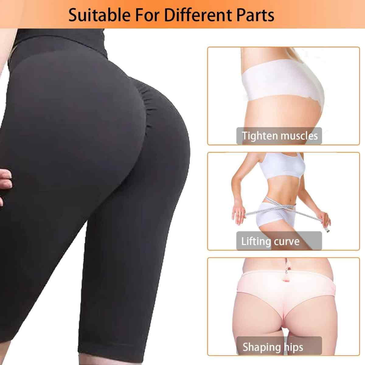 Das Bild zeigt eine Frau in schwarzer Leggings und drei Bilder von Frauen in Unterwäsche. Der Text lautet: Muskeln straffen, Kurve anheben und Hüften formen.