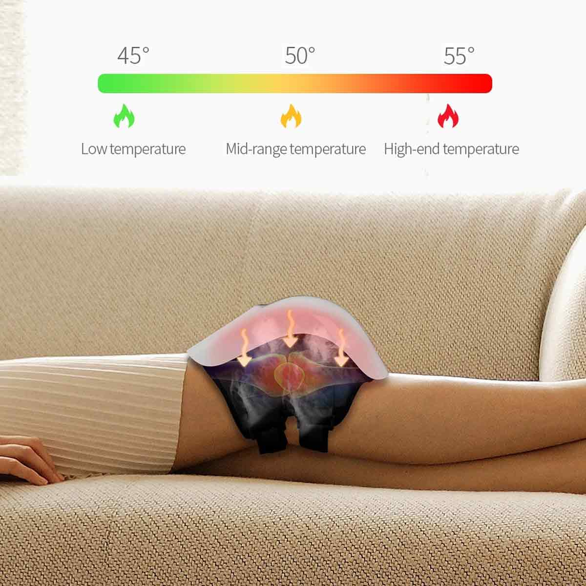 Ein Bein einer Person mit einem Heizkissen darauf. Eine Temperaturskala von Grün bis Rot zeigt die Heizstufe an. Die Person liegt auf einem Sofa.