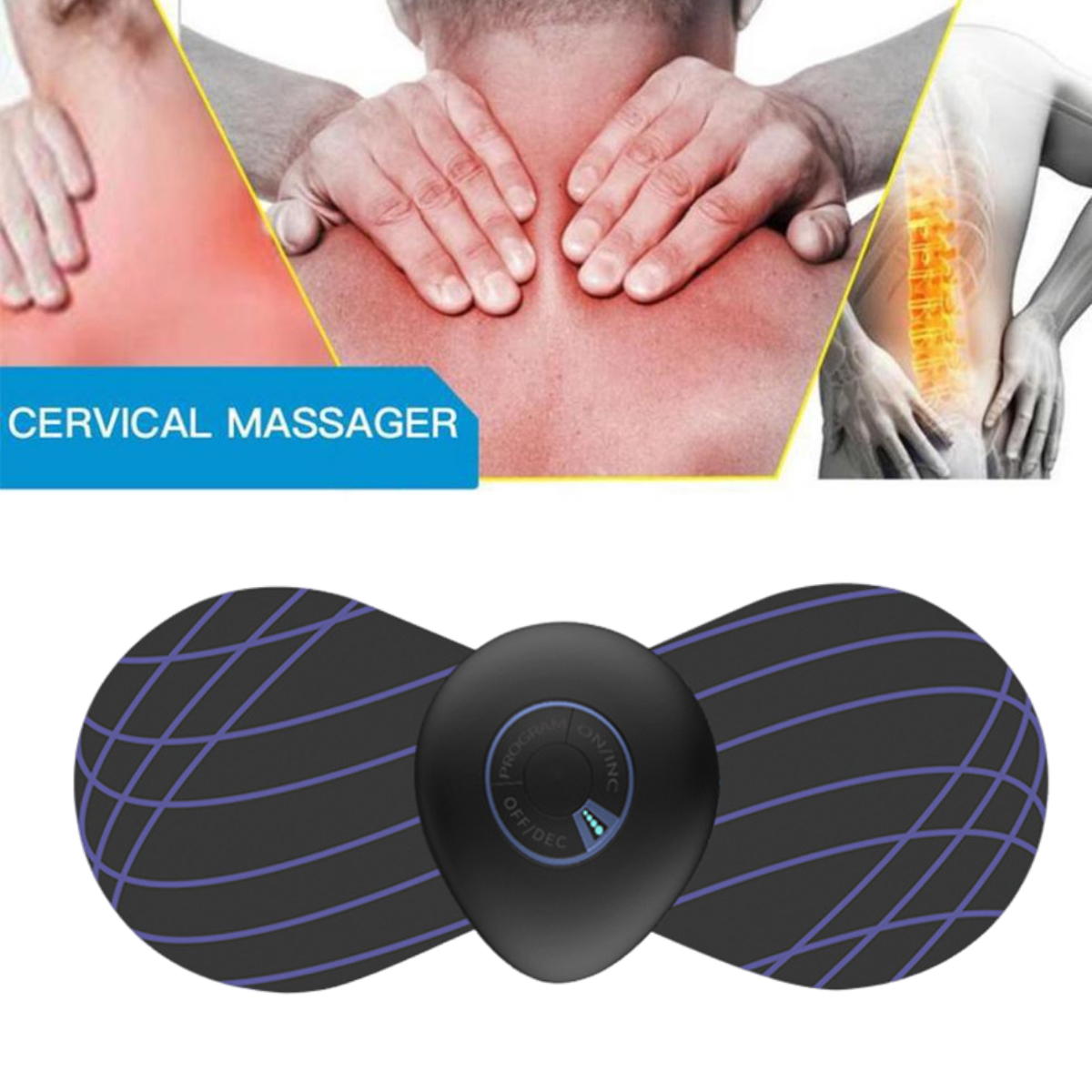 Das Bild zeigt ein Nackenmassagegerät und Illustrationen zur Linderung von Nacken- und Rückenschmerzen. Das Massagegerät ist schwarz mit blauen Linien.