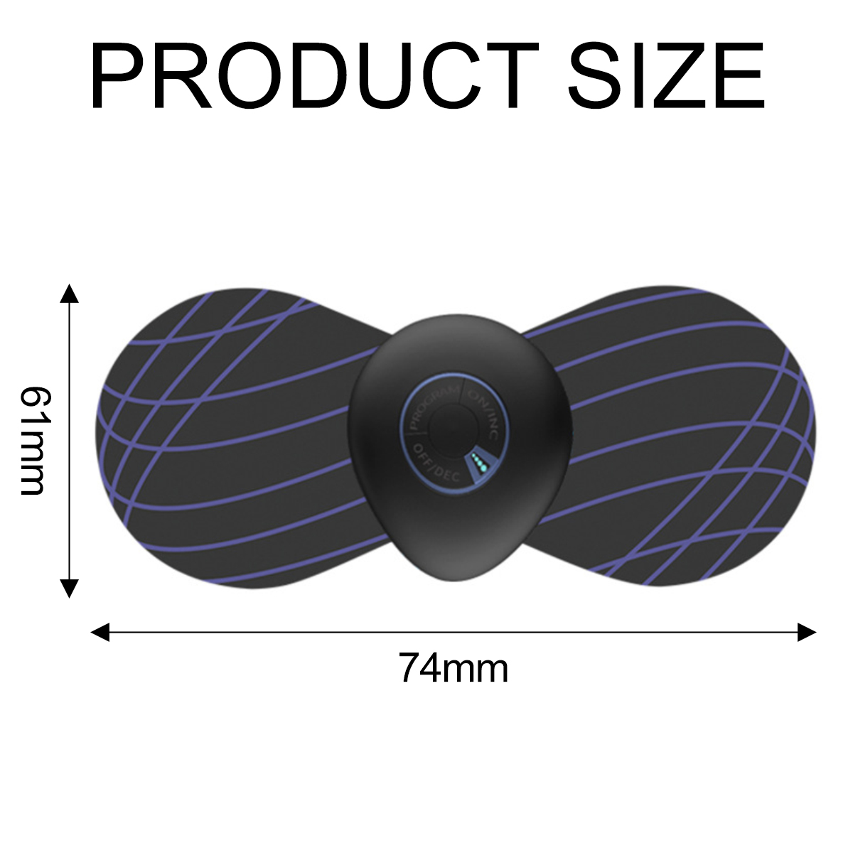 Ein schwarzes Gerät mit zwei schmetterlingsförmigen Pads, Abmessungen 61mm x 74mm. Text PRODUKTGRÖSSE steht über dem Gerät.