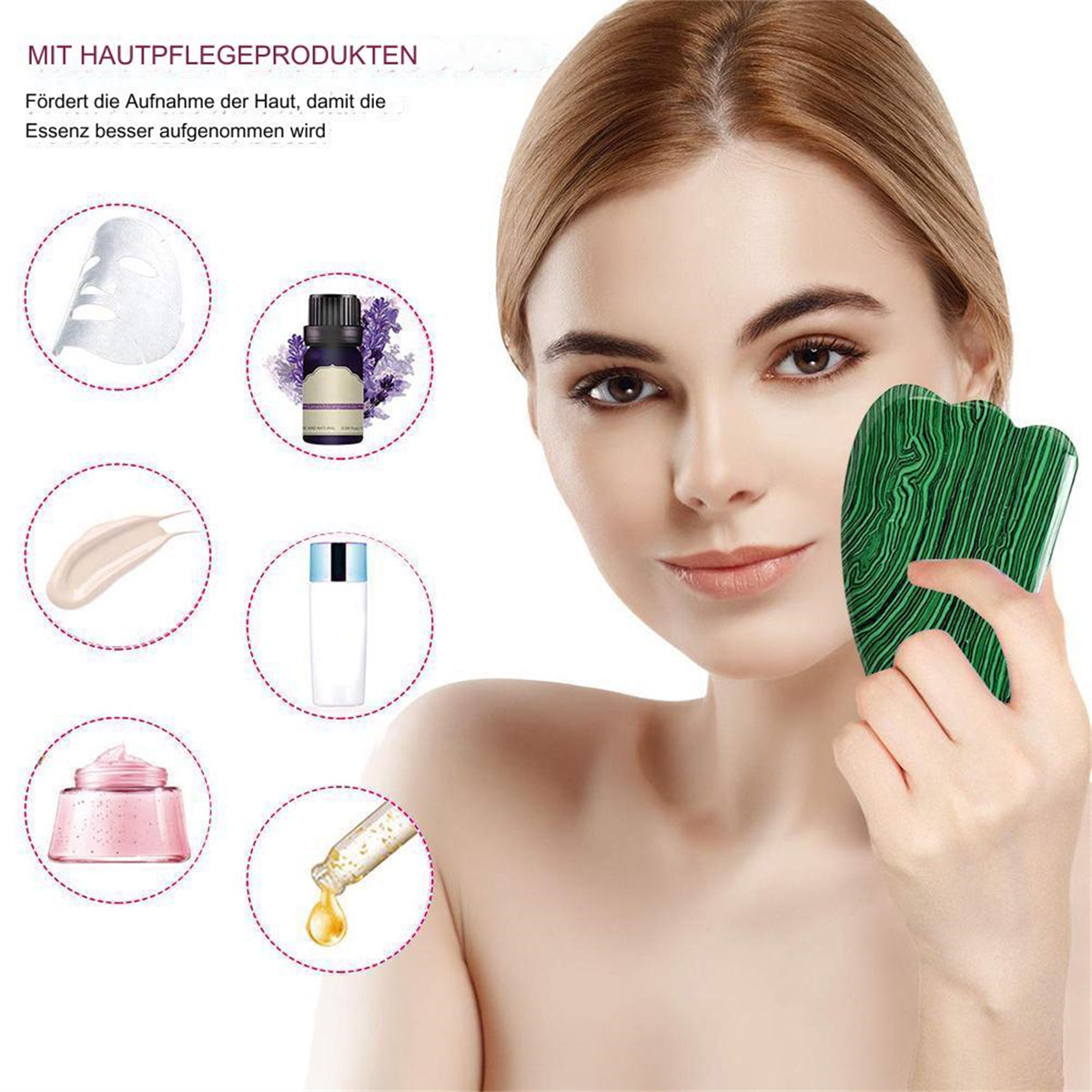 Frau hält grünes Gua Sha-Werkzeug. Hautpflegeprodukte links: Gesichtsmaske, Öl, Creme und Serum.