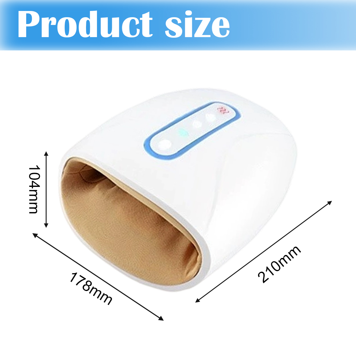 Weißes Handmassagegerät mit blauem Rand. Maße: 210 mm lang, 178 mm breit, 104 mm hoch. Text: Produktgröße.
