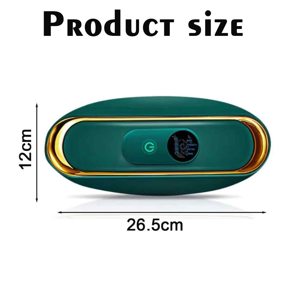 Grünes Produkt mit goldfarbenem Rand, Ein-/Ausschalter und Display. Abmessungen: 12 cm x 26,5 cm. Text lautet 'Produktgröße'.