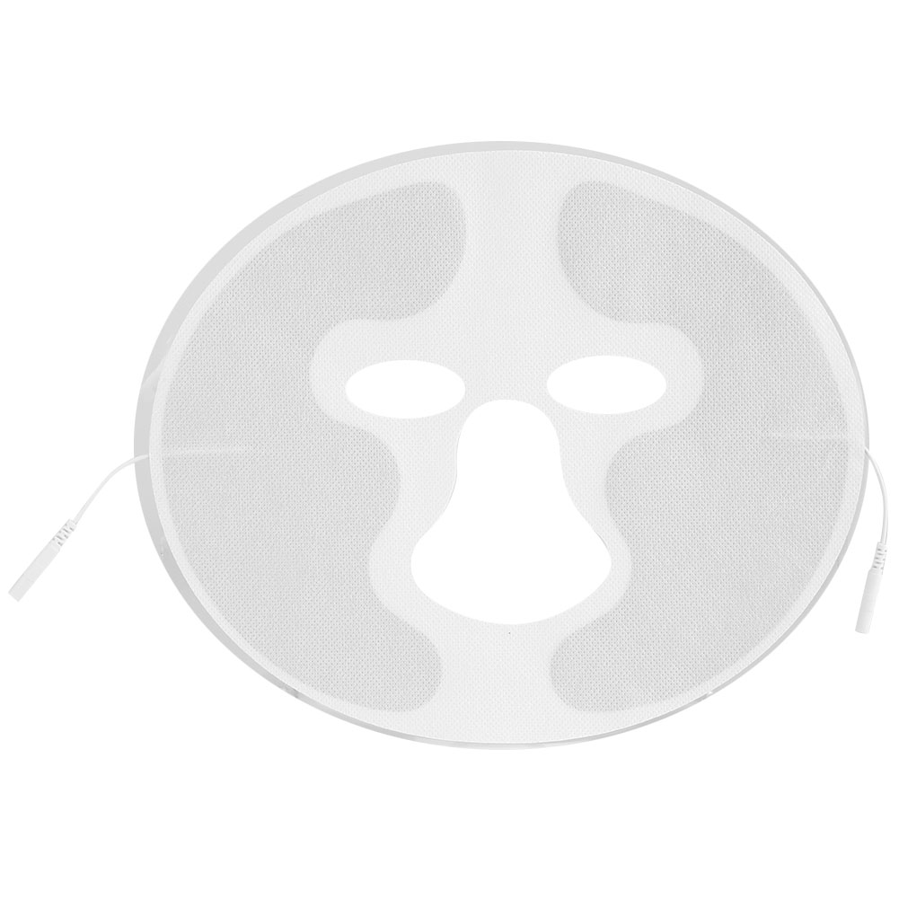 Eine weiße Gesichtsmaske mit Löchern für Augen und Nase, verbunden mit dünnen Drähten. Die Maske hat eine kreisförmige Form.