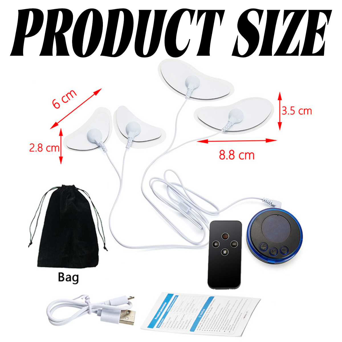 Produktgrößenbild. Enthält Pads, Fernbedienung, Beutel, Kabel und Steuereinheit. Abmessungen: 6 cm, 2,8 cm, 3,5 cm und 8,8 cm.