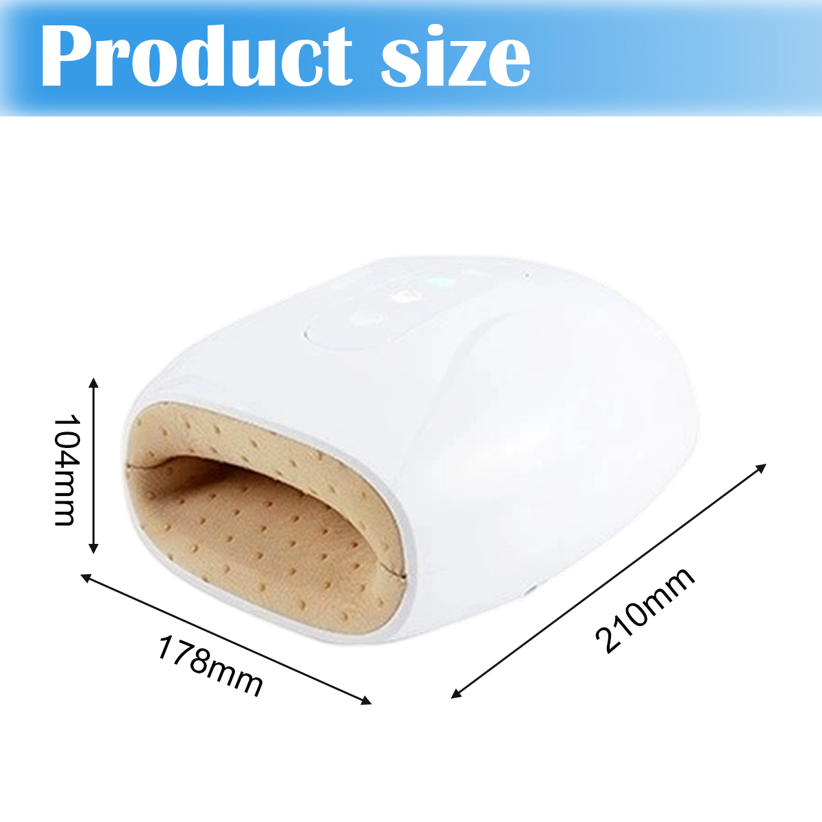 Weißes Handmassagegerät mit braunem Innenraum, beschriftete Produktgröße, Abmessungen: 104 mm, 178 mm und 210 mm.