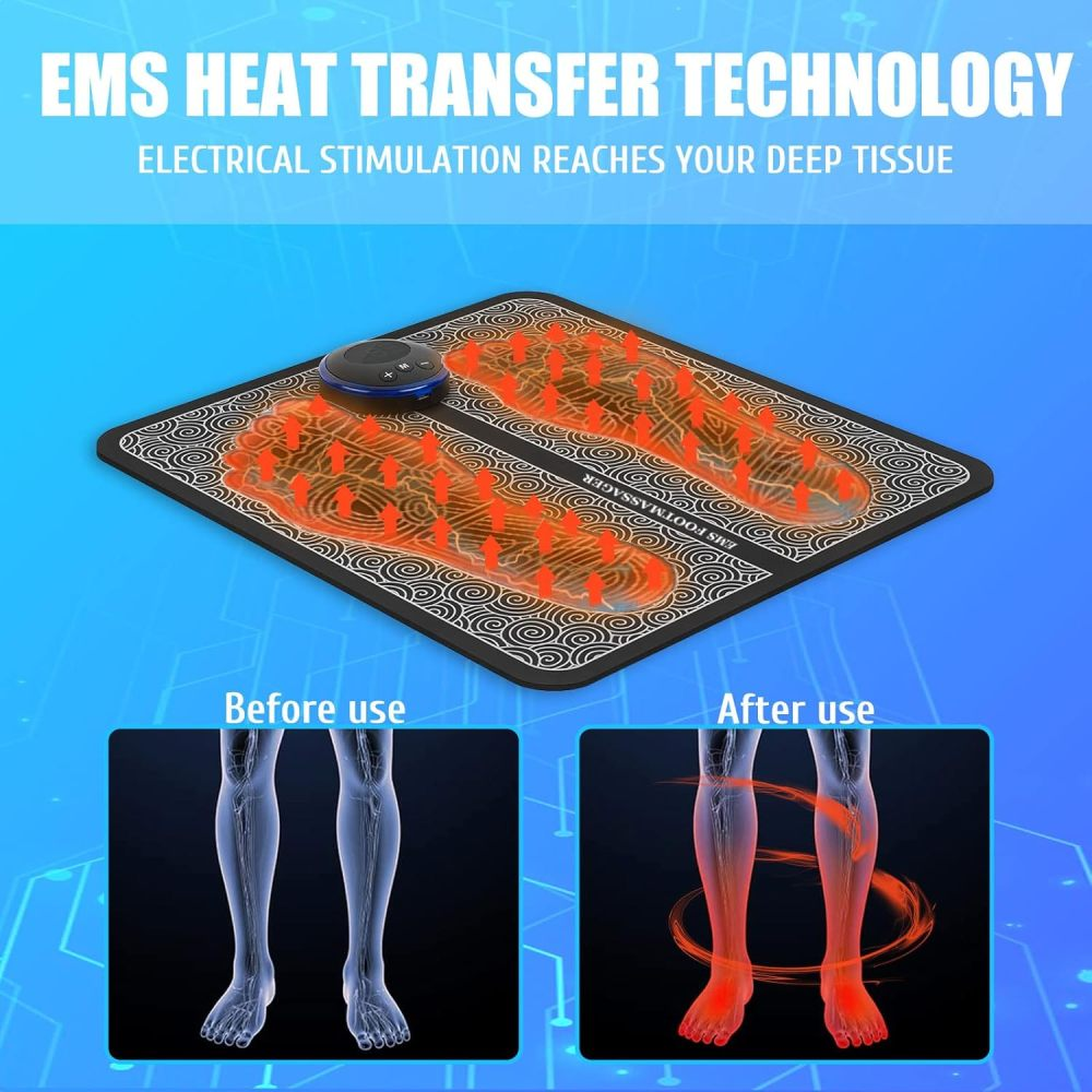 Ein EMS-Fußmassagegerät mit Bedienfeld und Diagrammen, die 'vorher' und 'nachher' zeigen, mit blauem Hintergrund.