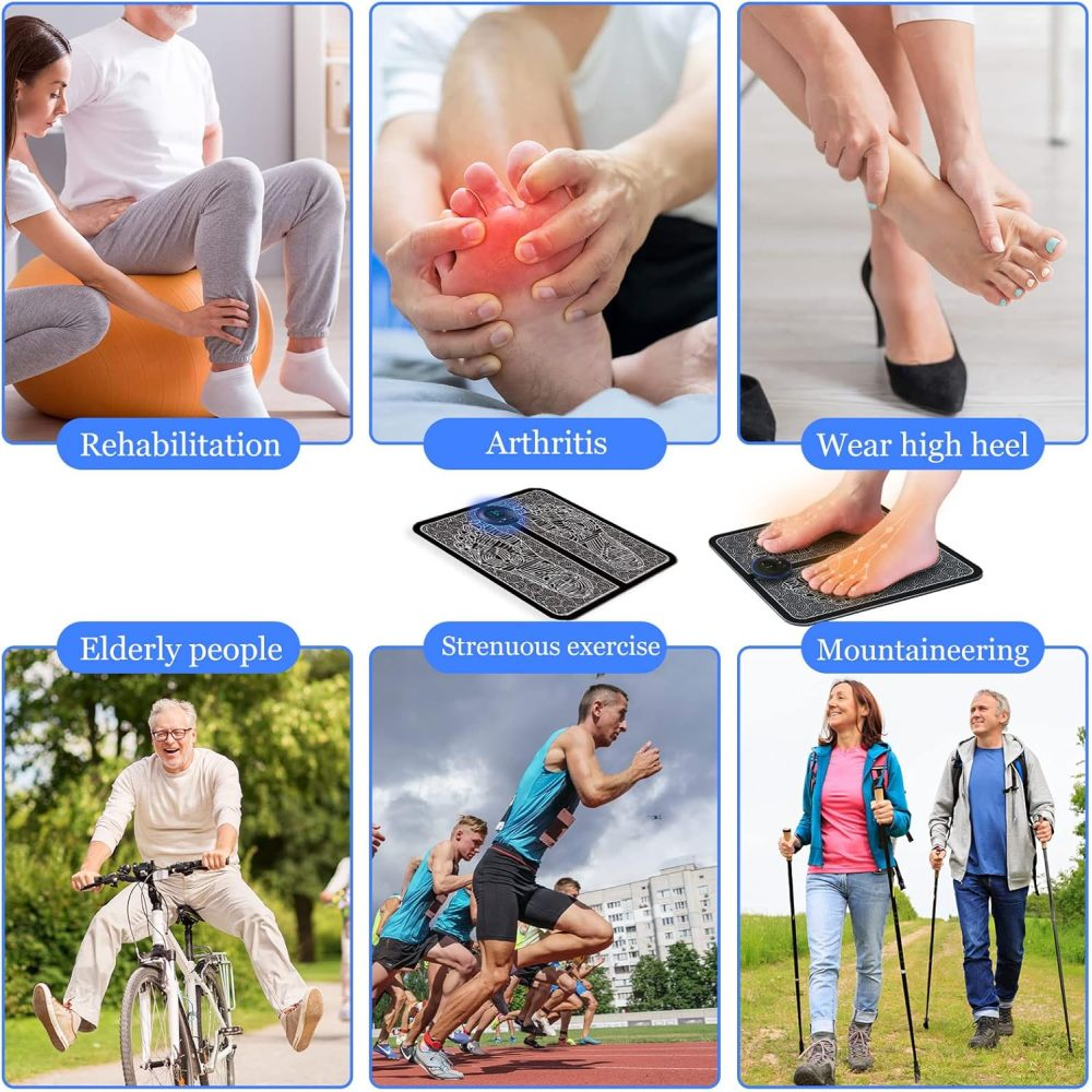 Das Bild zeigt sechs Szenen: Rehabilitation, Arthritis, Tragen von High Heels, ältere Menschen, anstrengende Übungen und Bergsteigen.