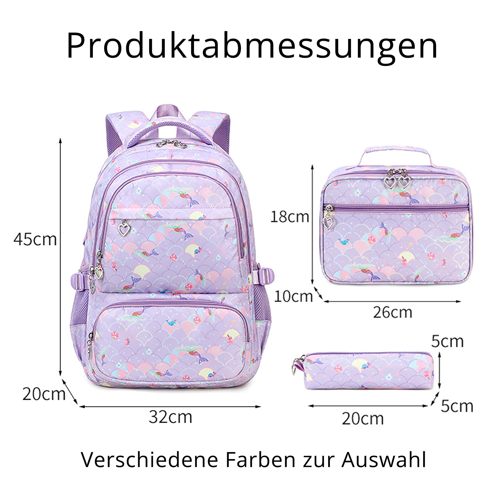 Ein lila Rucksack, eine Lunchbox und ein Federmäppchen mit Meerjungfrauen-Motiv, mit deutschen Maßangaben.