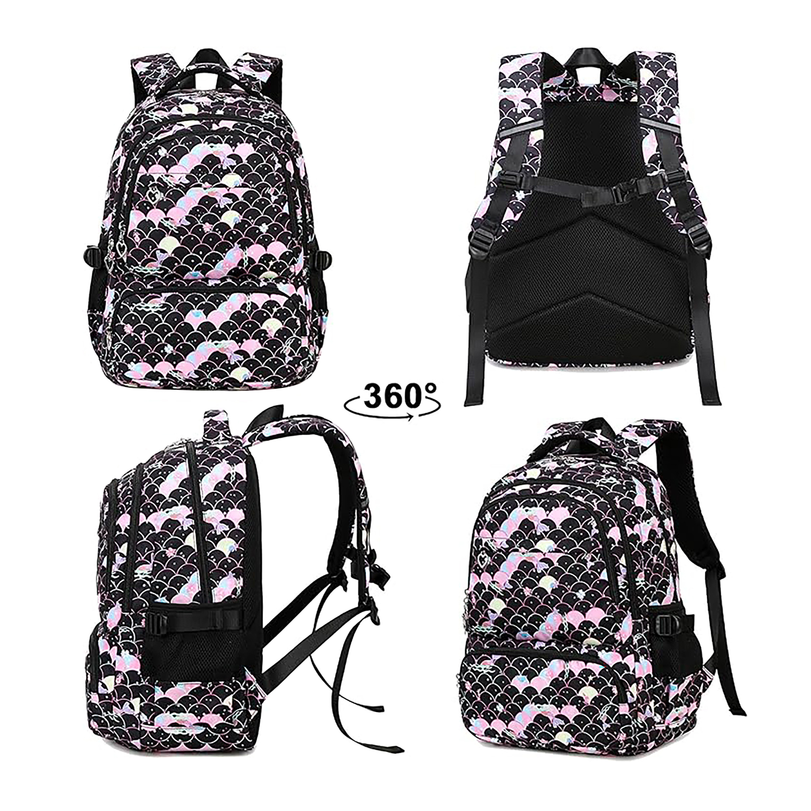 Ein schwarzer Rucksack mit einem Fischschuppenmuster in Rosa und Weiß, aus verschiedenen Blickwinkeln gezeigt.