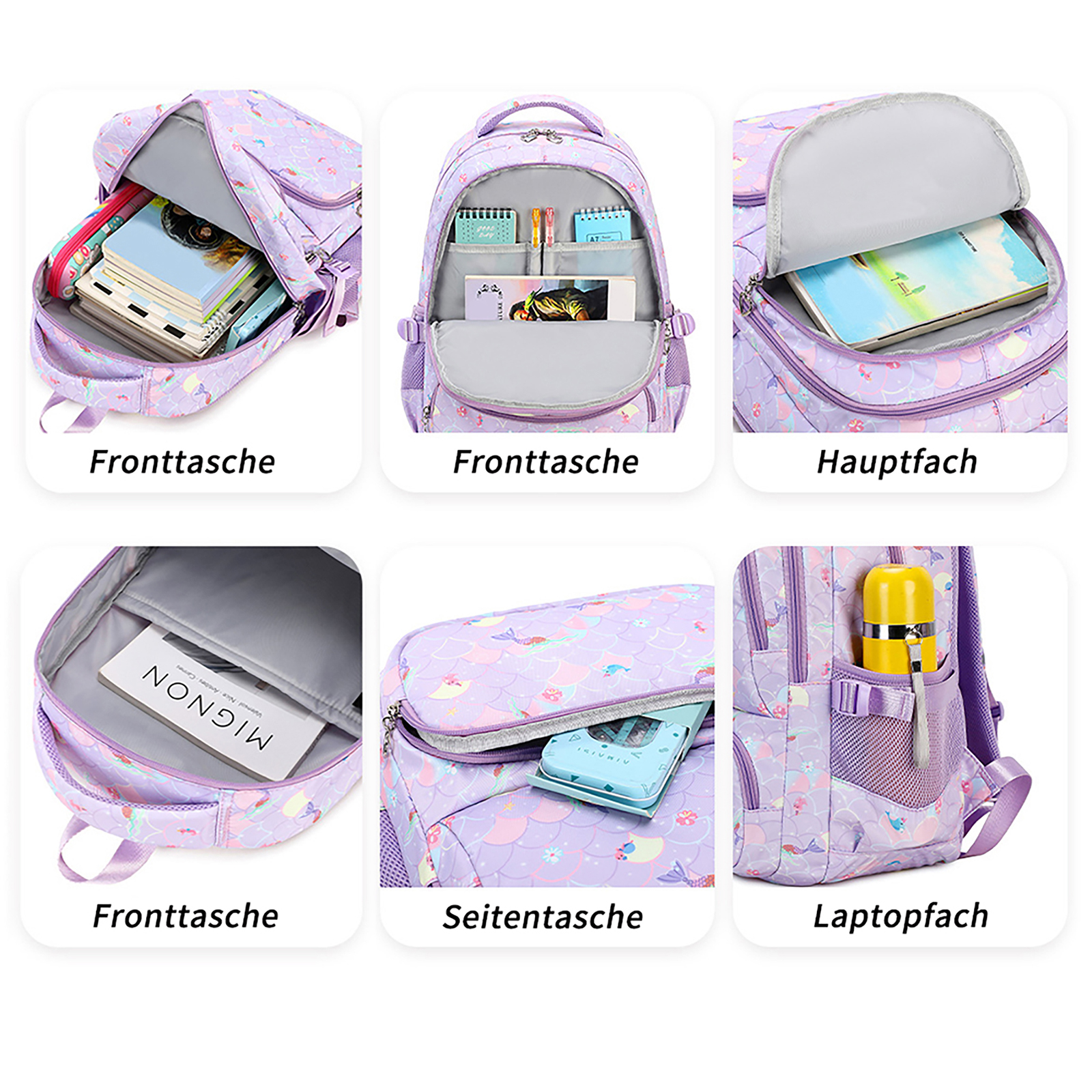 Ein lila Rucksack mit Meerjungfrauenmuster. Er hat mehrere Fächer, darunter eine Fronttasche, eine Seitentasche und ein Laptopfach.