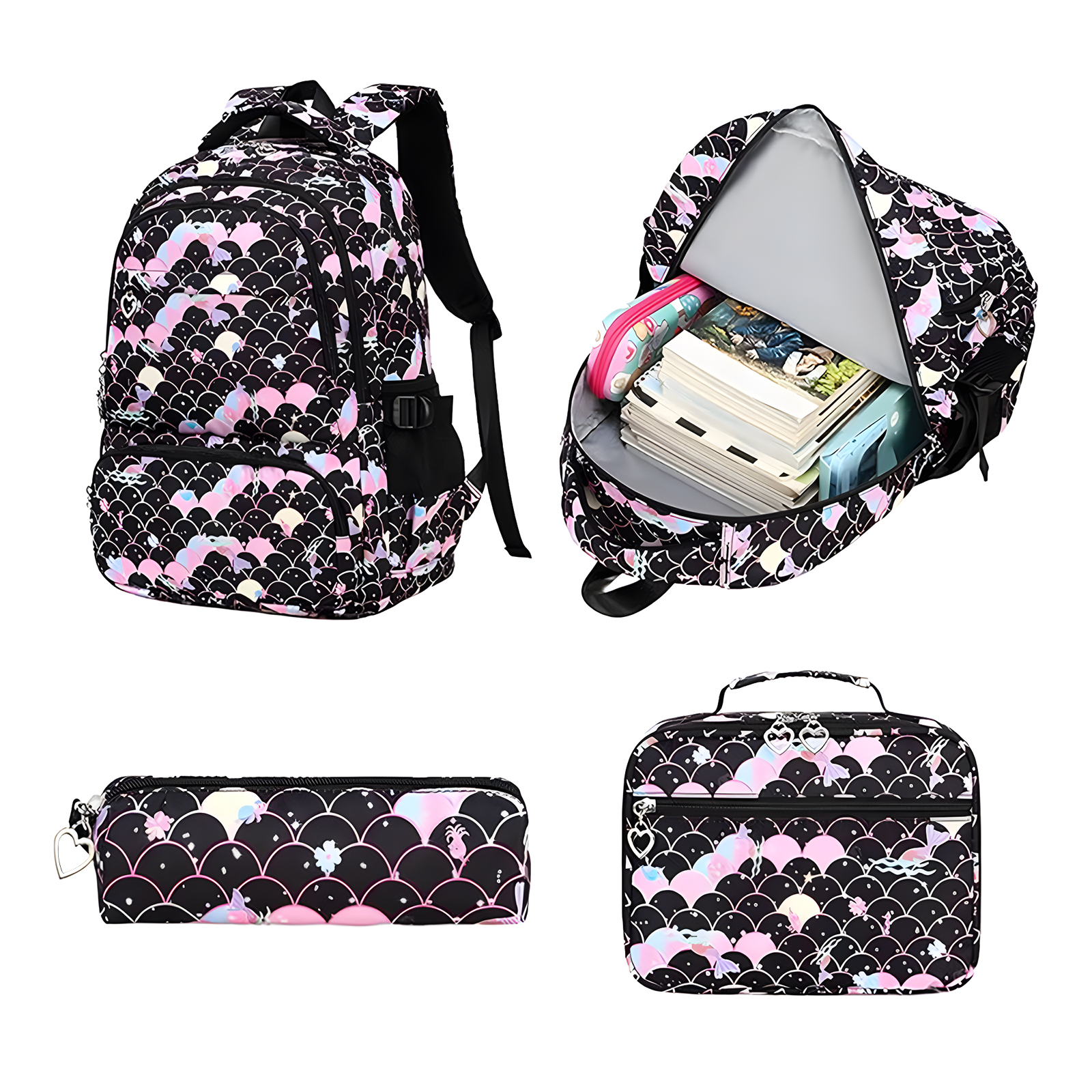 Ein Set von Schulmaterialien mit Fischschuppenmuster: Rucksack, offener Rucksack, Federmäppchen und Lunch-Tasche. Schwarz, Rosa und Weiß.