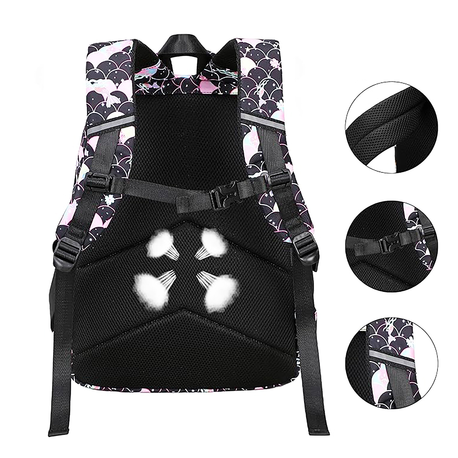 Rucksack mit schwarzem Netzrücken, verstellbaren Trägern und einem Muster aus schwarzen Schuppen mit rosa und weißen Akzenten.