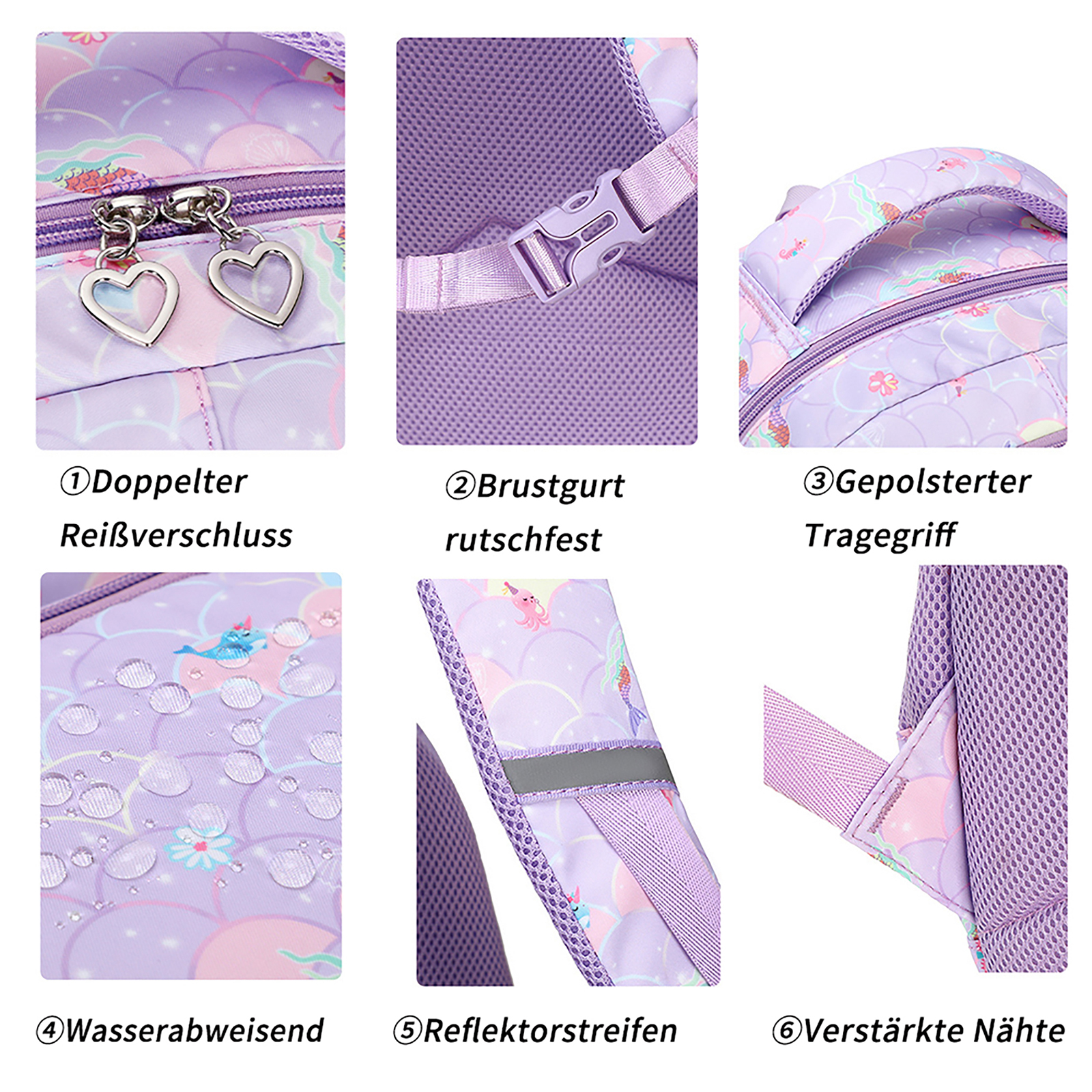 Lila Rucksack mit Meerjungfrauenmuster, herzförmigen Reißverschlussanhängern, Brustgurt, gepolstertem Griff, wasserabweisendem Stoff, Reflexstreifen und verstärkten Nähten.