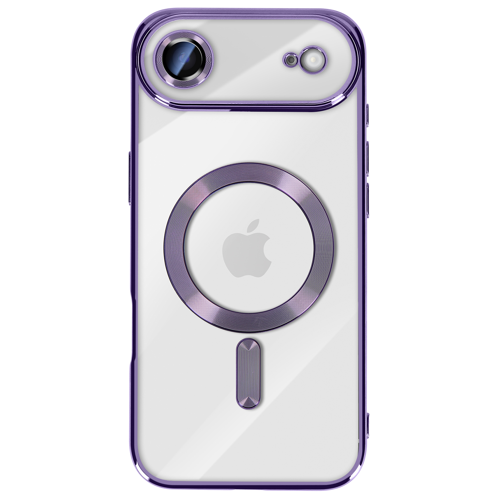Een transparante iPhone-hoes met een paars frame en accenten. De hoes heeft een MagSafe-ring en een Apple-logo.