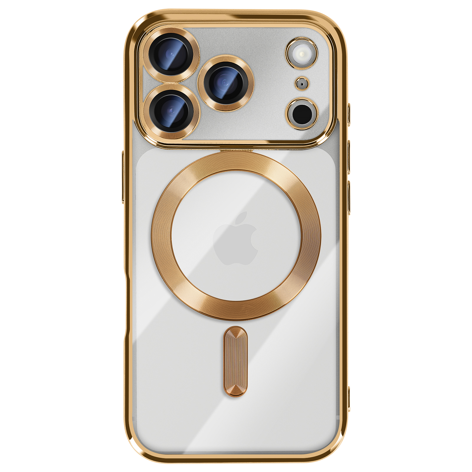 Een goudomrand telefoonhoesje met cameralenzen, een Apple-logo en een gouden ring- en rechthoekontwerp op een witte achtergrond.