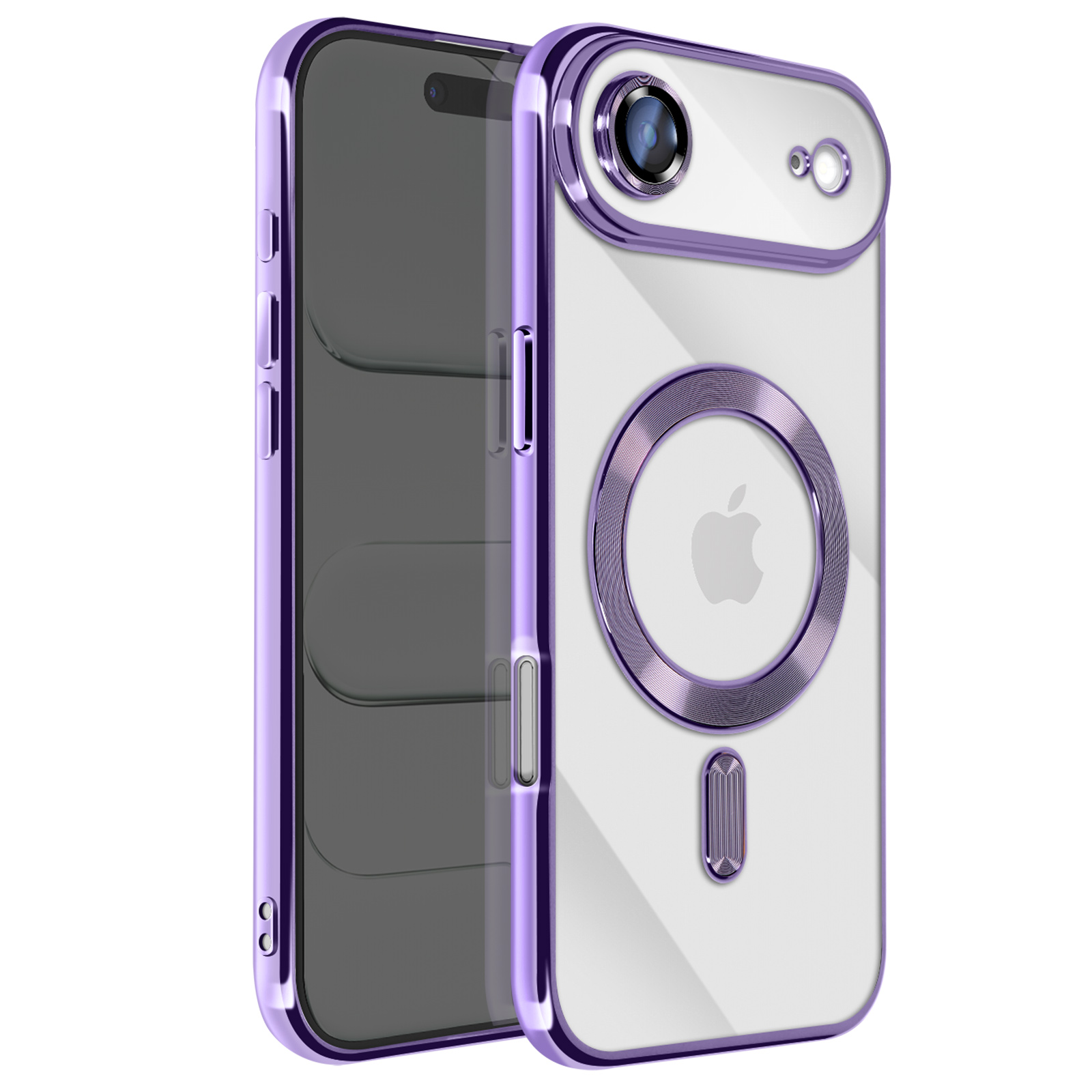Een doorzichtige iPhone-hoes met paarse randen. Het heeft een uitsparing voor de camera en een MagSafe-ring. Een iPhone zit erin.