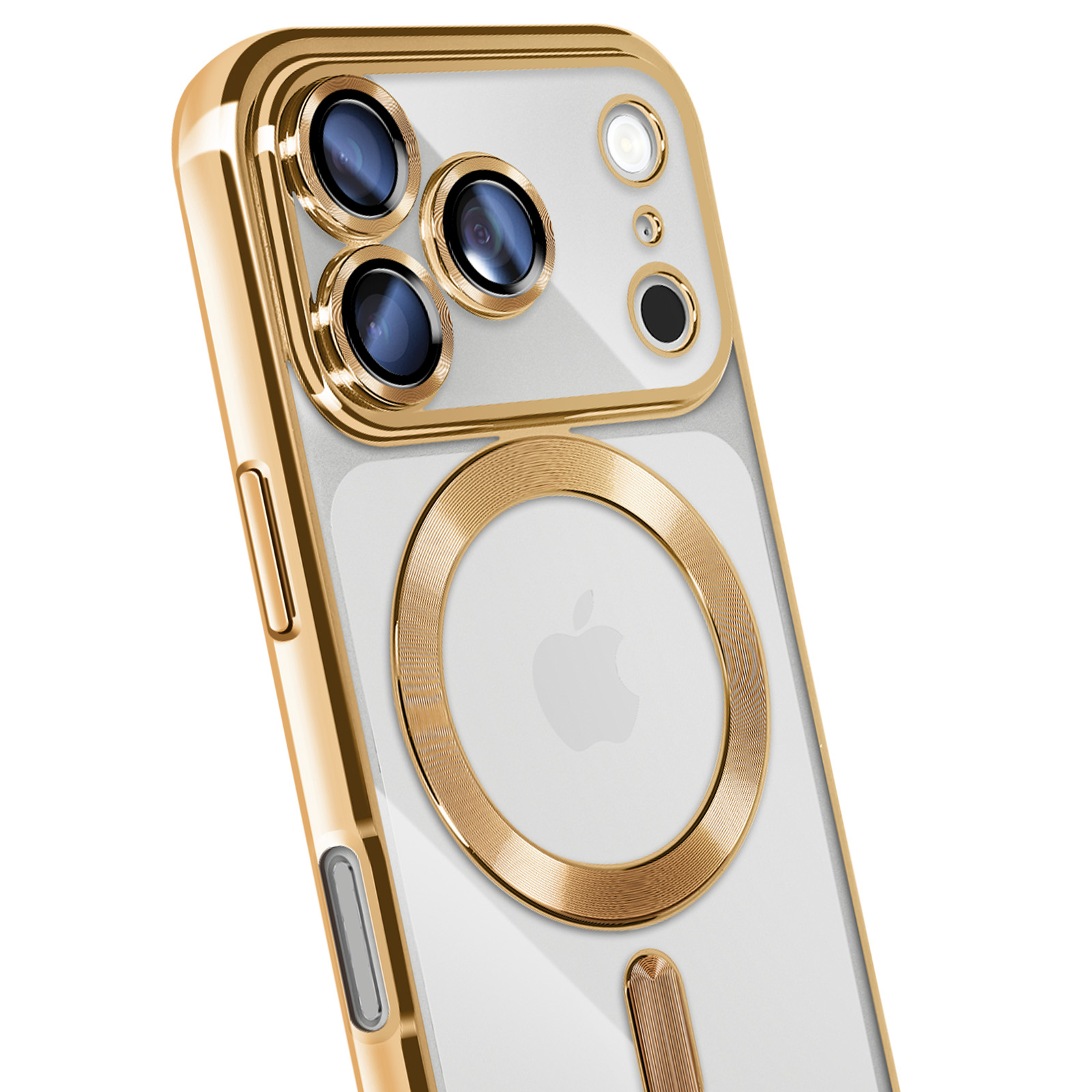 Gouden telefoonhoesje met meerdere cameralenzen. Apple-logo zichtbaar. Gouden frame. Witte achtergrond.