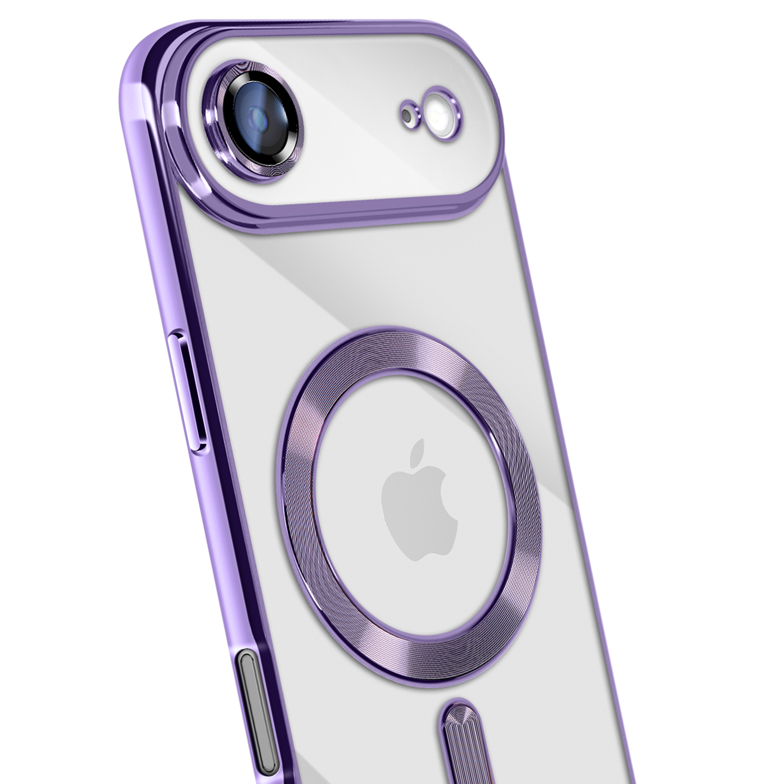Een doorzichtige telefoonhoes met paarse accenten. Met cameralens, MagSafe-ring en Apple-logo.