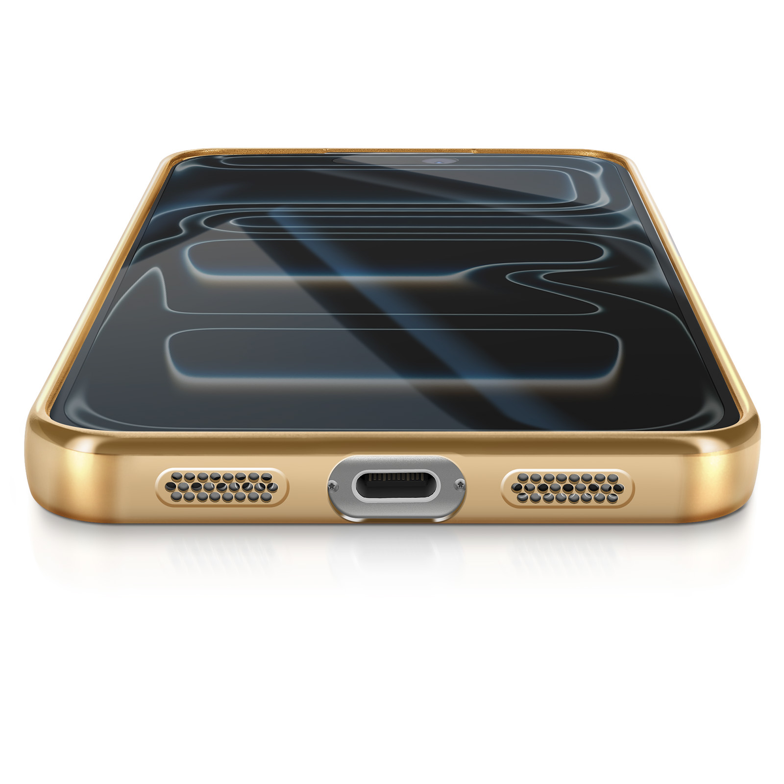 Gouden smartphone met zwart scherm, toont een golvend patroon. Details zijn luidsprekers, oplaadpoort en camera.