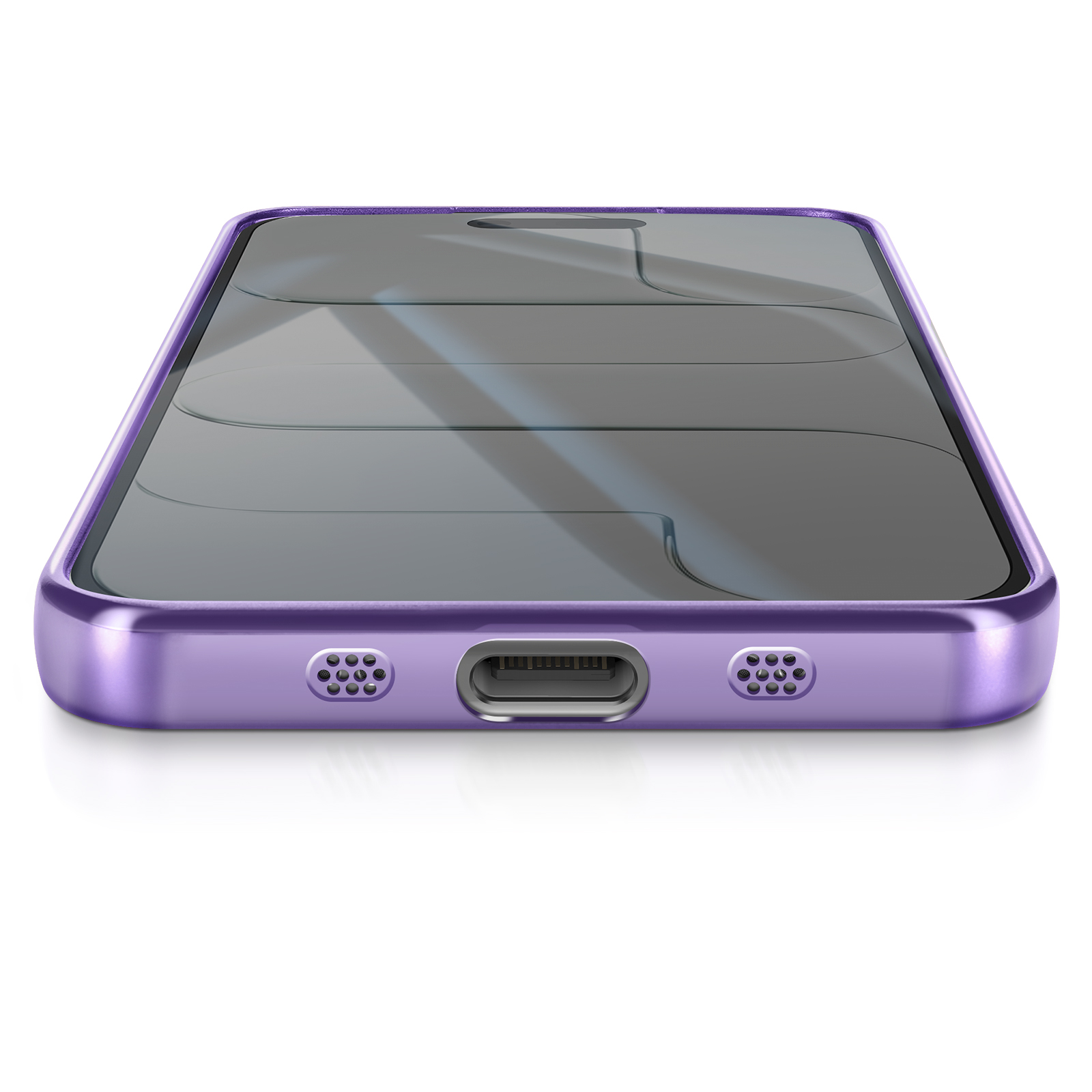 Een paarse smartphone op een witte ondergrond, schuin. Het scherm is donker en toont reflecties. De onderkant heeft een oplaadpoort en gaten.
