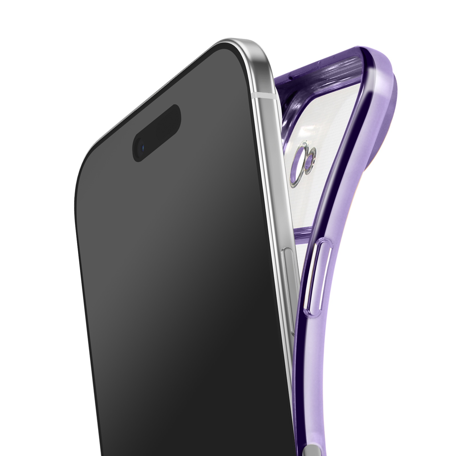 Een smartphone met een zwart scherm en zilveren frame, naast een paarse telefoonhoes, tegen een witte achtergrond.