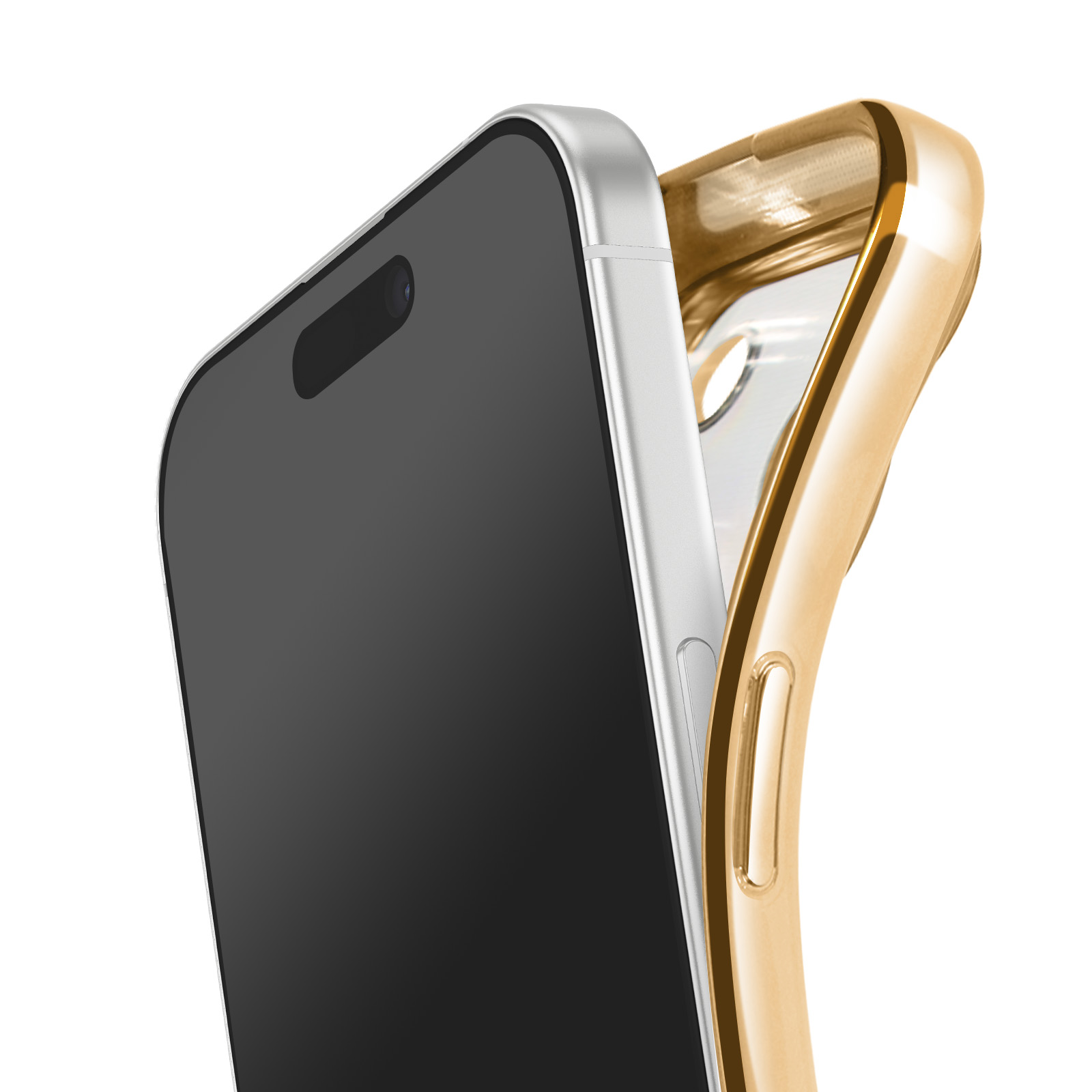 Een smartphone met een zwart scherm wordt in een goudkleurige telefoonhoes geplaatst. De achtergrond is wit.