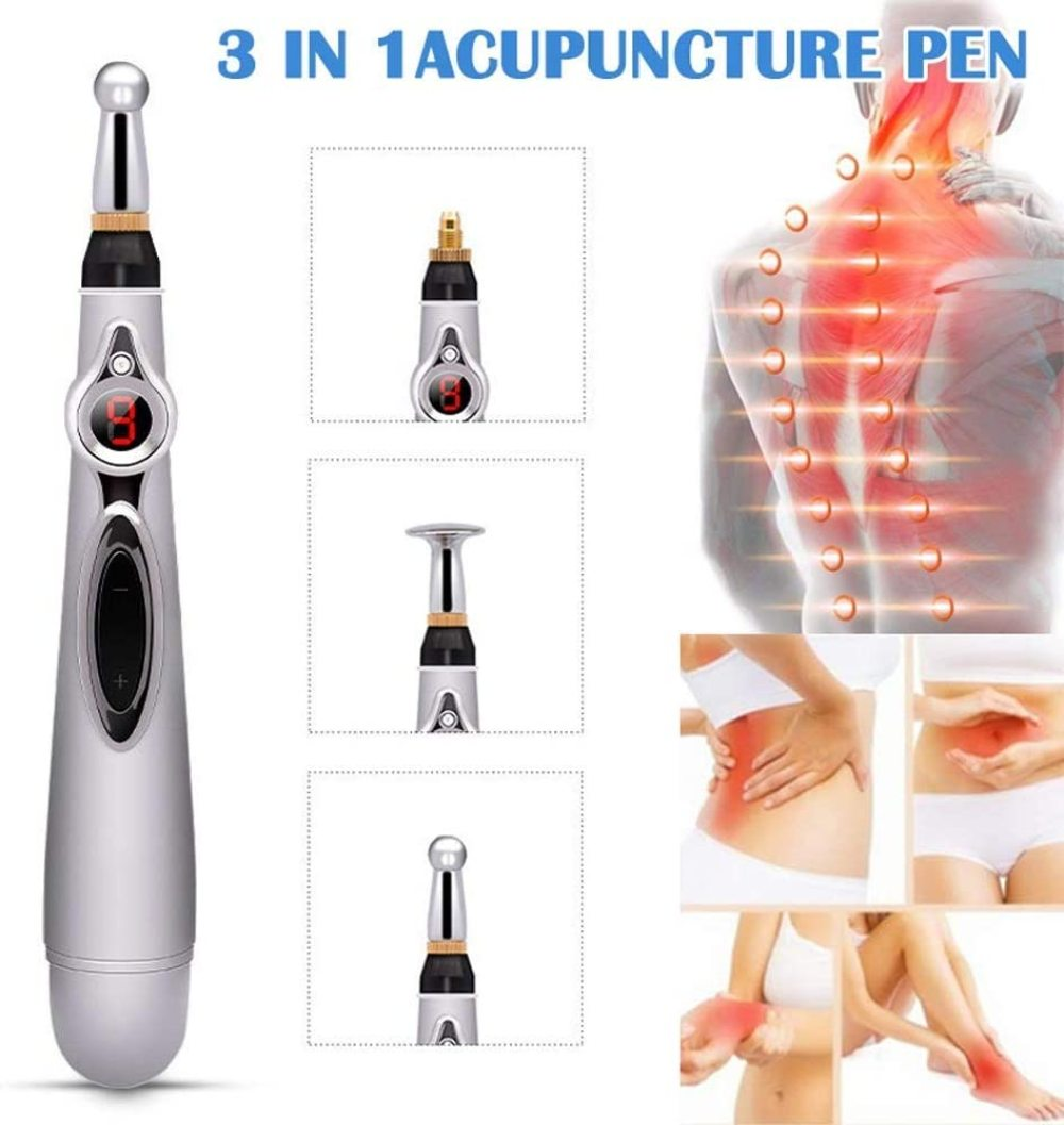 Akupunkturstift mit drei Köpfen. Zeigt Schmerzbereiche an Körper, einschließlich Nacken, Rücken, Hand, Bein und Bauch.