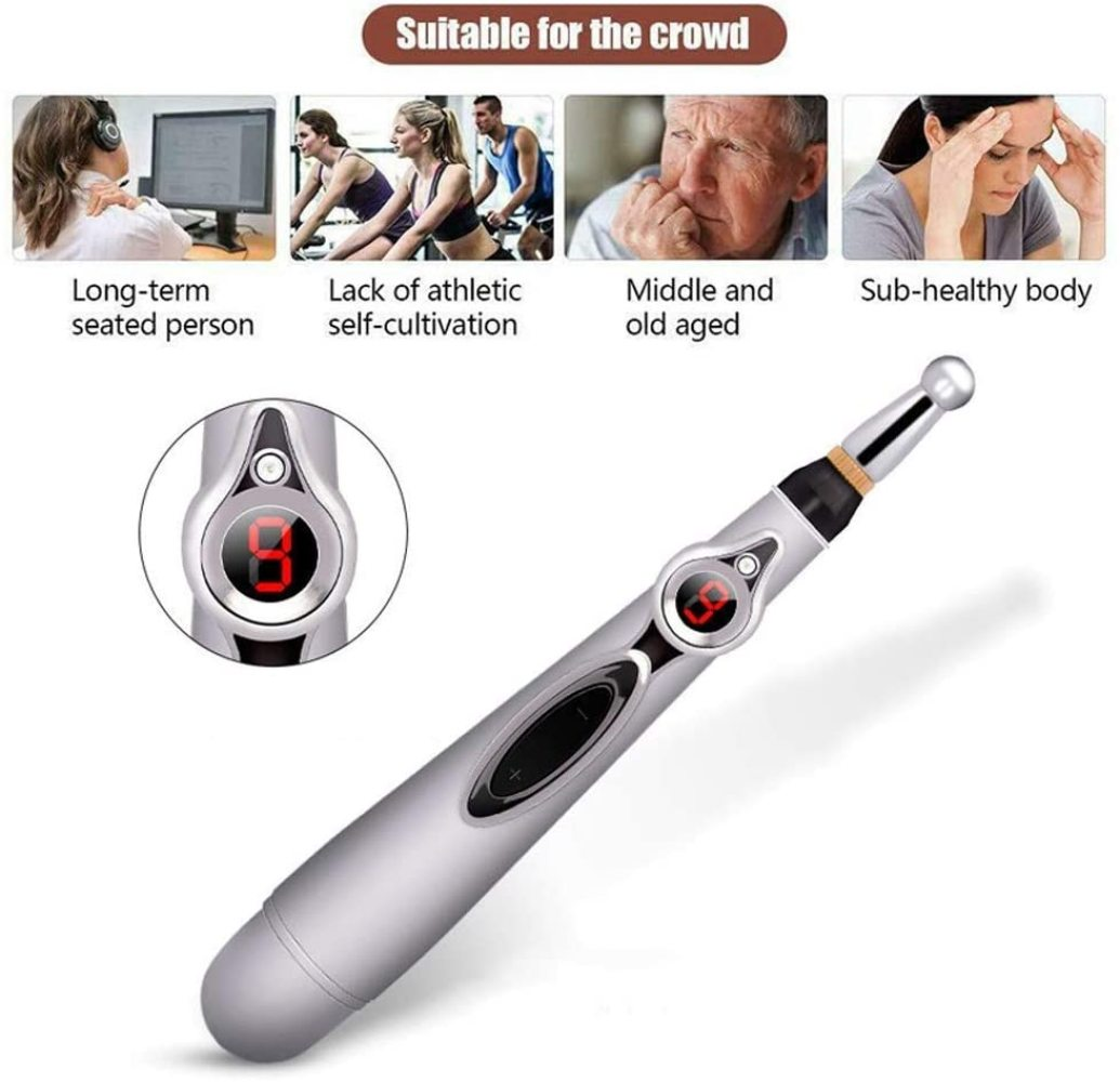 Ein silberner Akupunkturstift mit Digitalanzeige zeigt die Zahl 8. Vier kleine Bilder zeigen verschiedene Gesundheitsprobleme.