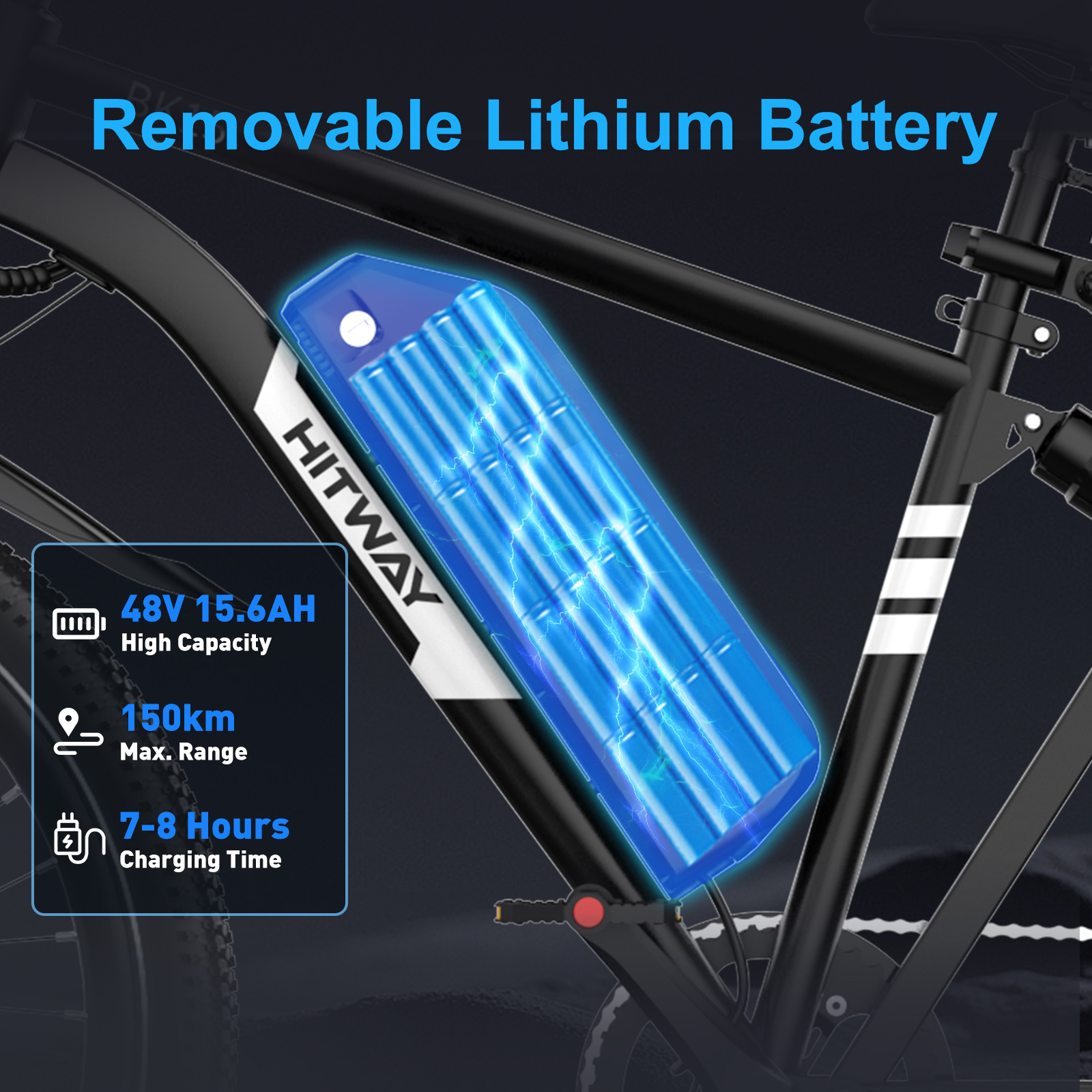 Een e-bike met een uitneembare blauwe batterij. Tekst: 48V, 15,6AH, 150km bereik en 7-8 uur oplaadtijd.