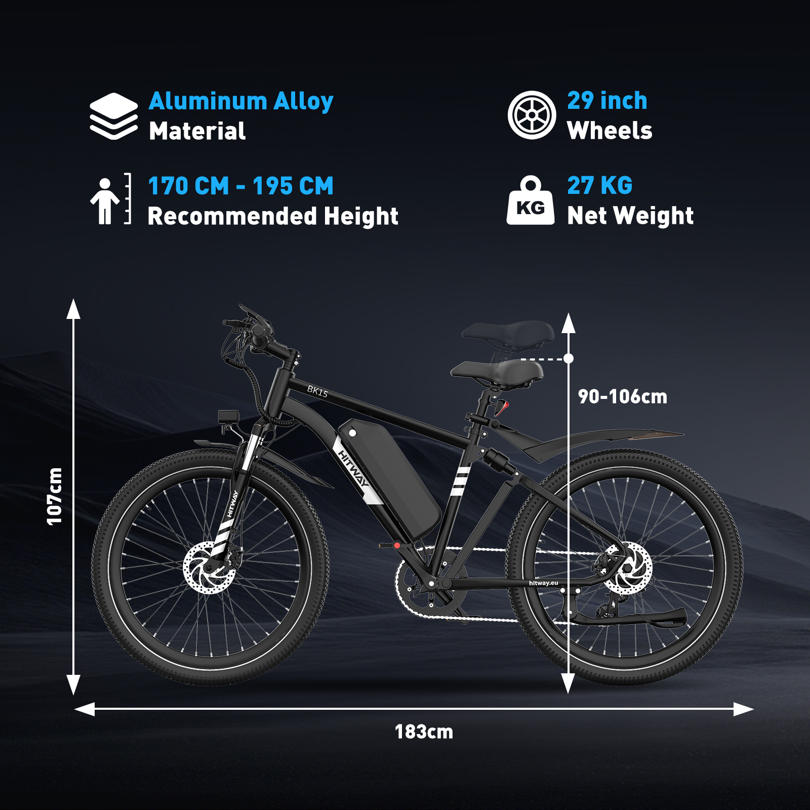 Zwarte HITWAY e-bike, aluminiumlegering, 29-inch wielen. Aanbevolen lengte 170-195cm, nettogewicht 27kg en 183cm lang.