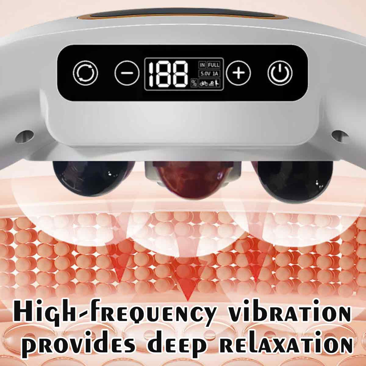 Ein weißes Massagegerät mit digitaler Anzeige '188'. Darunter Grafik mit Text: Hochfrequenzvibration sorgt für tiefe Entspannung.