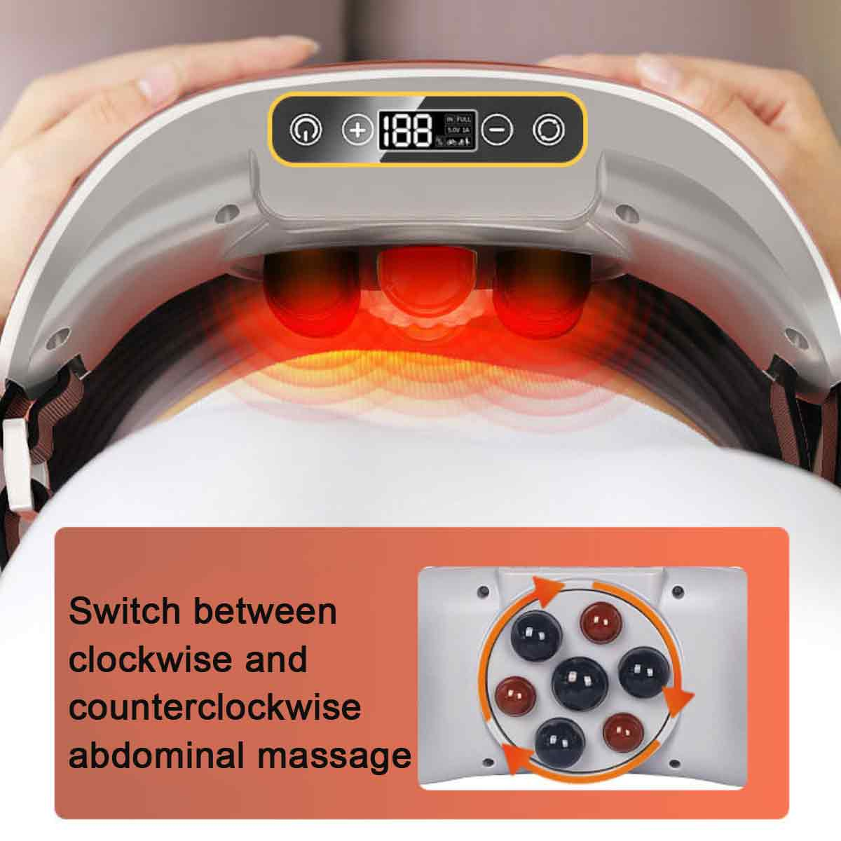 Ein Massagegerät mit digitaler Anzeige zeigt Einstellungen. Rote Massageköpfe sind sichtbar. Ein Diagramm zeigt die Drehrichtung.