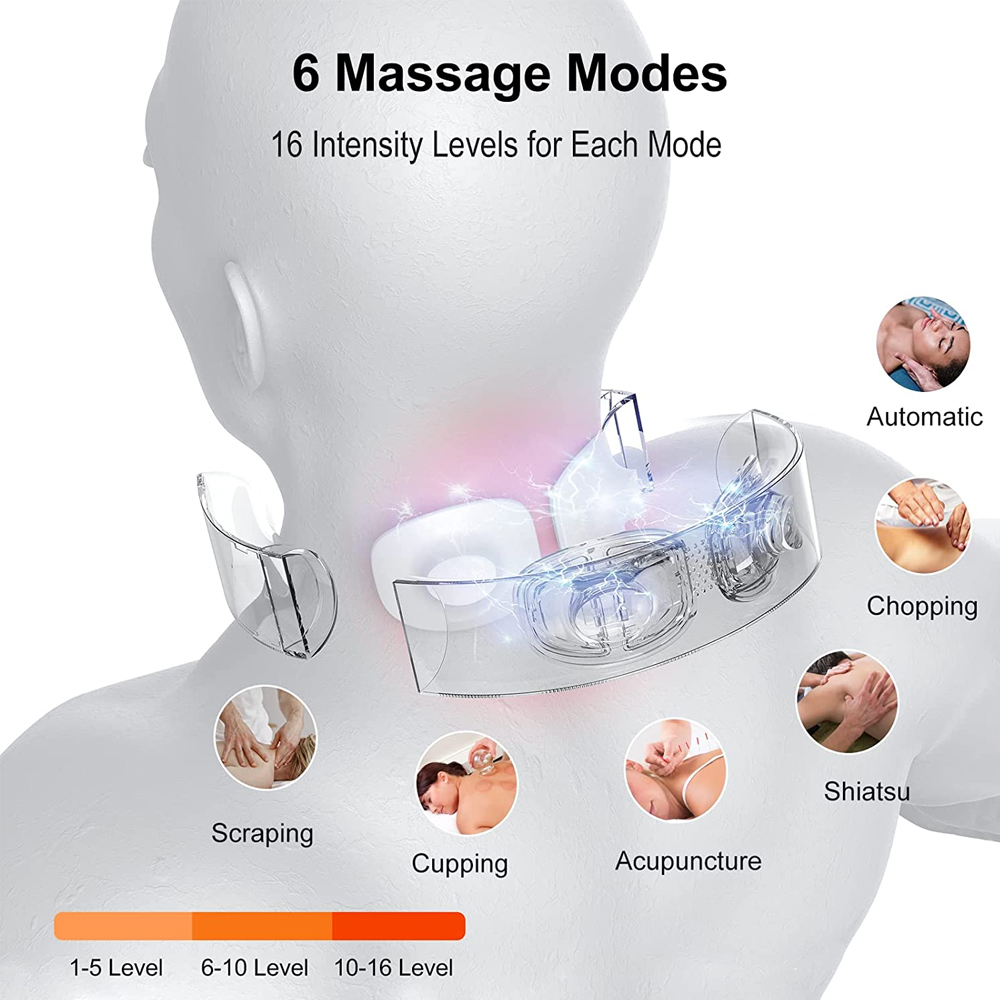 Das Bild zeigt ein Nackenmassagegerät mit 6 Modi und 16 Intensitätsstufen. Illustrationen zeigen verschiedene Massagetechniken. Intensitätsstufen sind farbcodiert.