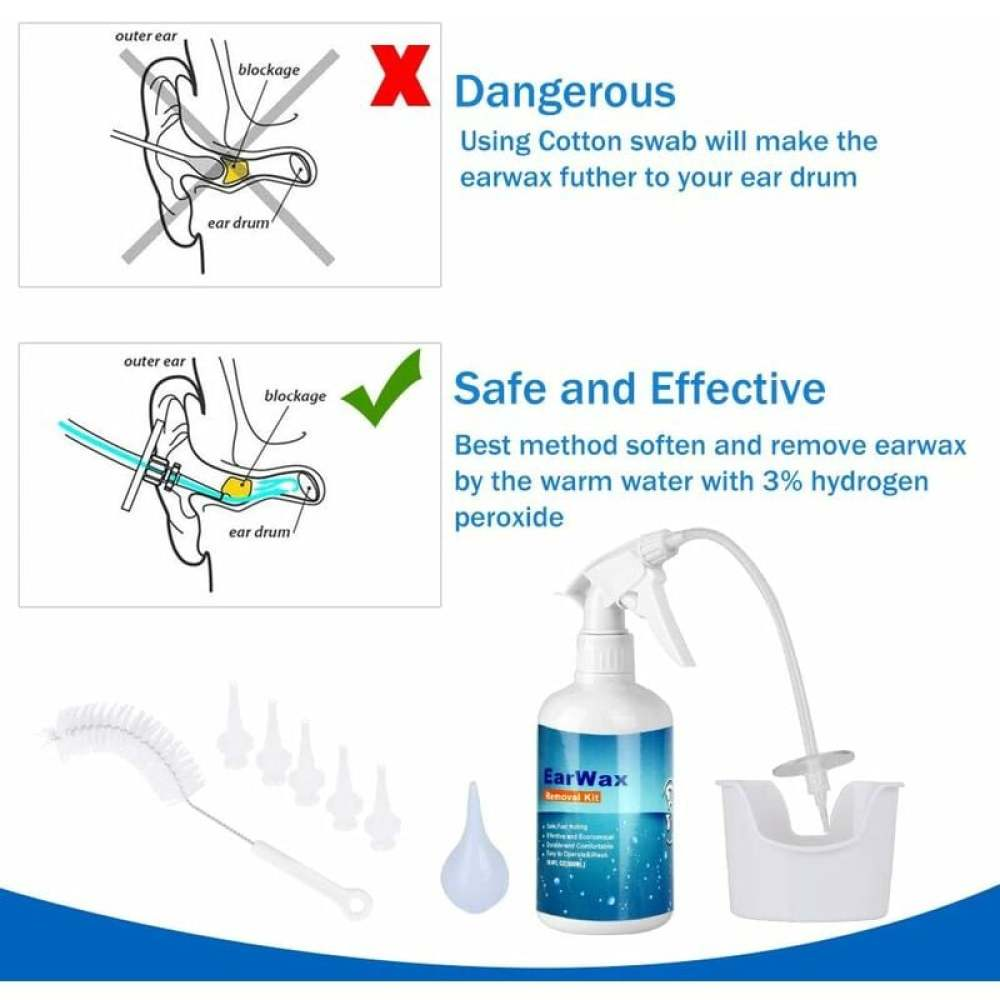 Diagramme zeigen sichere und unsichere Ohrenreinigung. Enthält eine Flasche, Spitzen und Ohrreinigungswerkzeuge. Der Text lautet 'Ear Wax Removal Kit'.