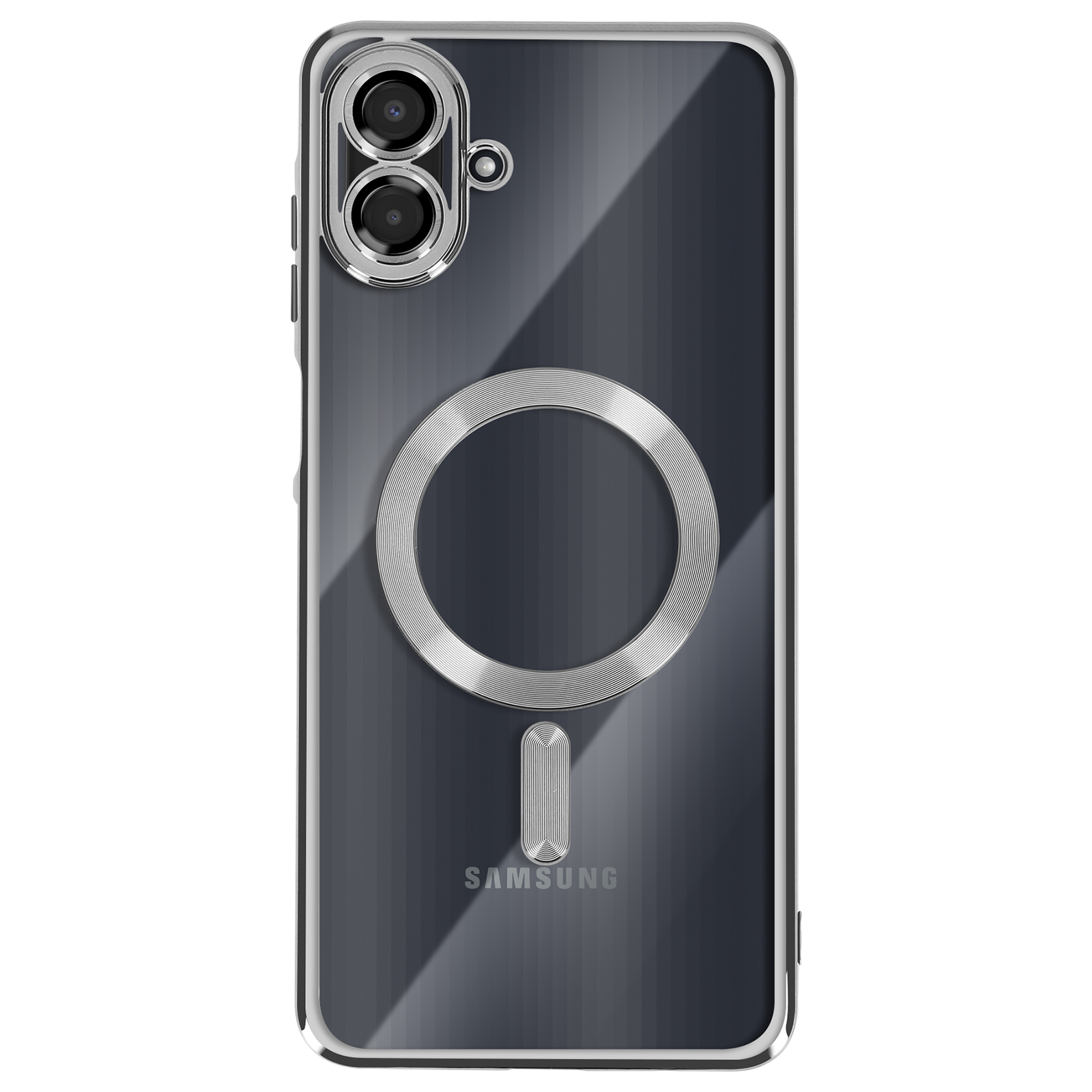 Coque transparente avec anneau argenté et logo Samsung sur fond gris à motifs.