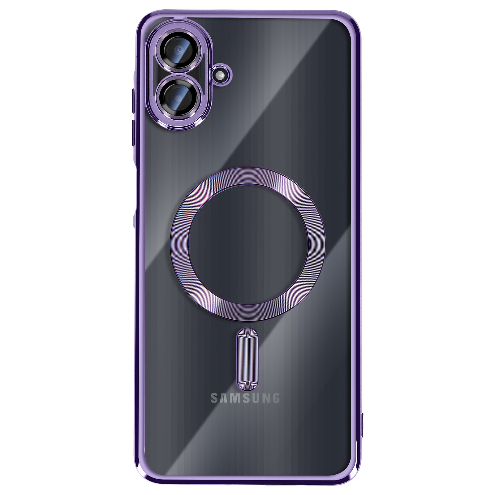 Transparante telefoonhoes met paars frame, camera en magnetische ring. Samsung-logo zichtbaar.
