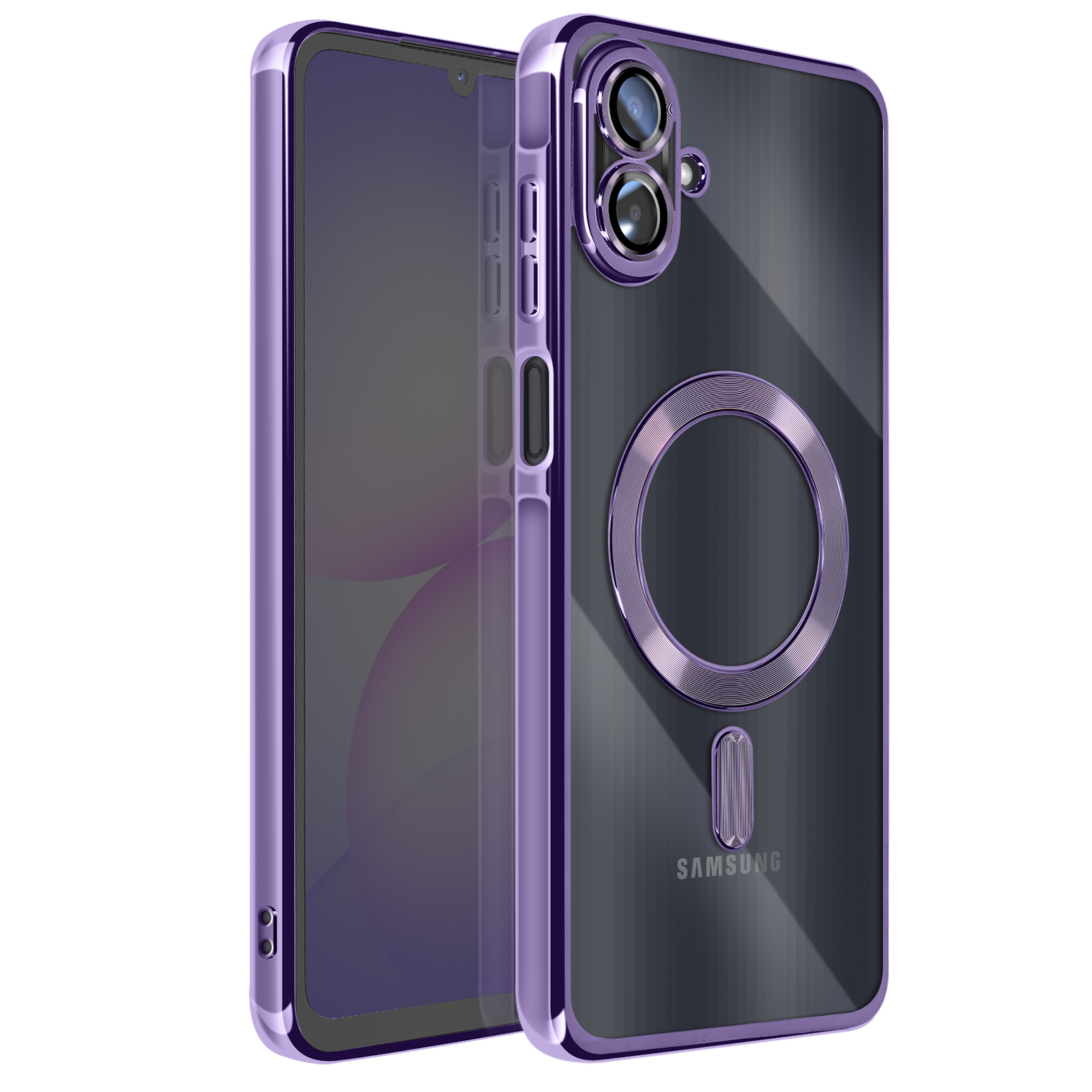 Paarse telefoonhoes met transparante achterkant, een cirkelvormige ring en een Samsung-logo op een witte achtergrond.