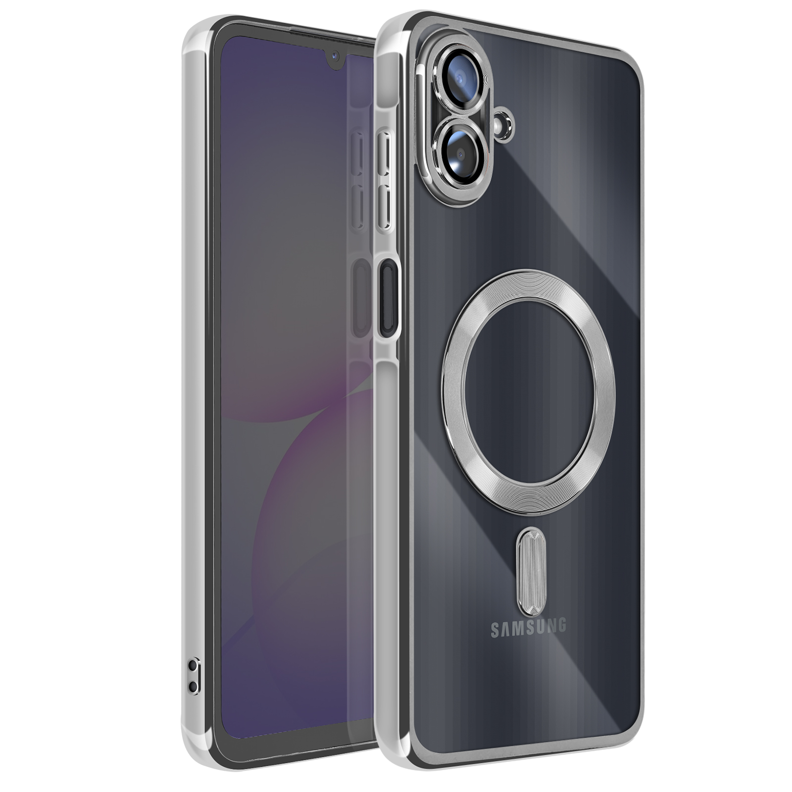 Un téléphone dans un étui. L'étui est transparent avec des bords argentés. Le téléphone a un dos gris foncé avec un anneau argenté et le logo Samsung.