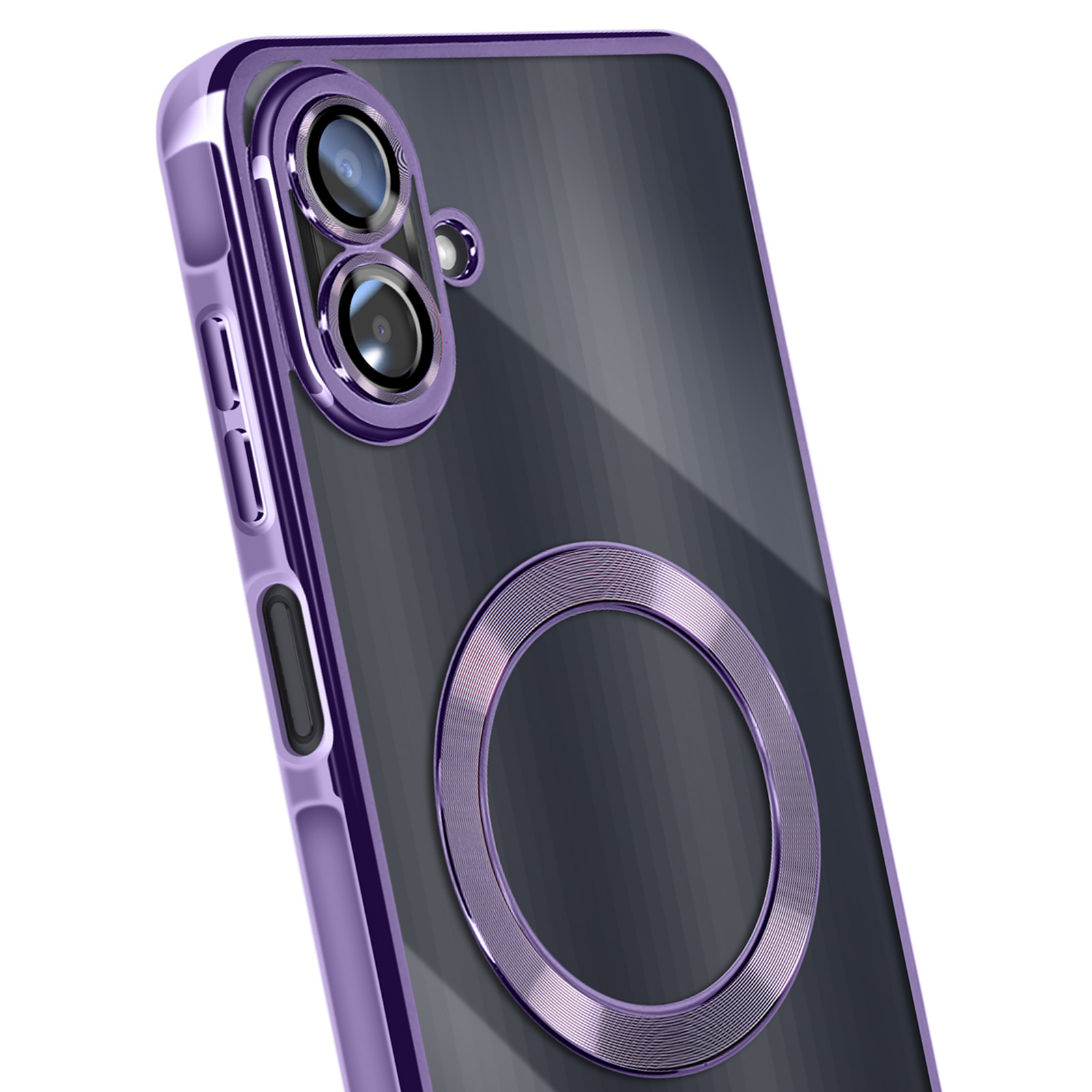 Paarse telefoonhoes met camera-uitsparingen en een cirkelvormige magnetische bevestiging, op een grijze achtergrond.