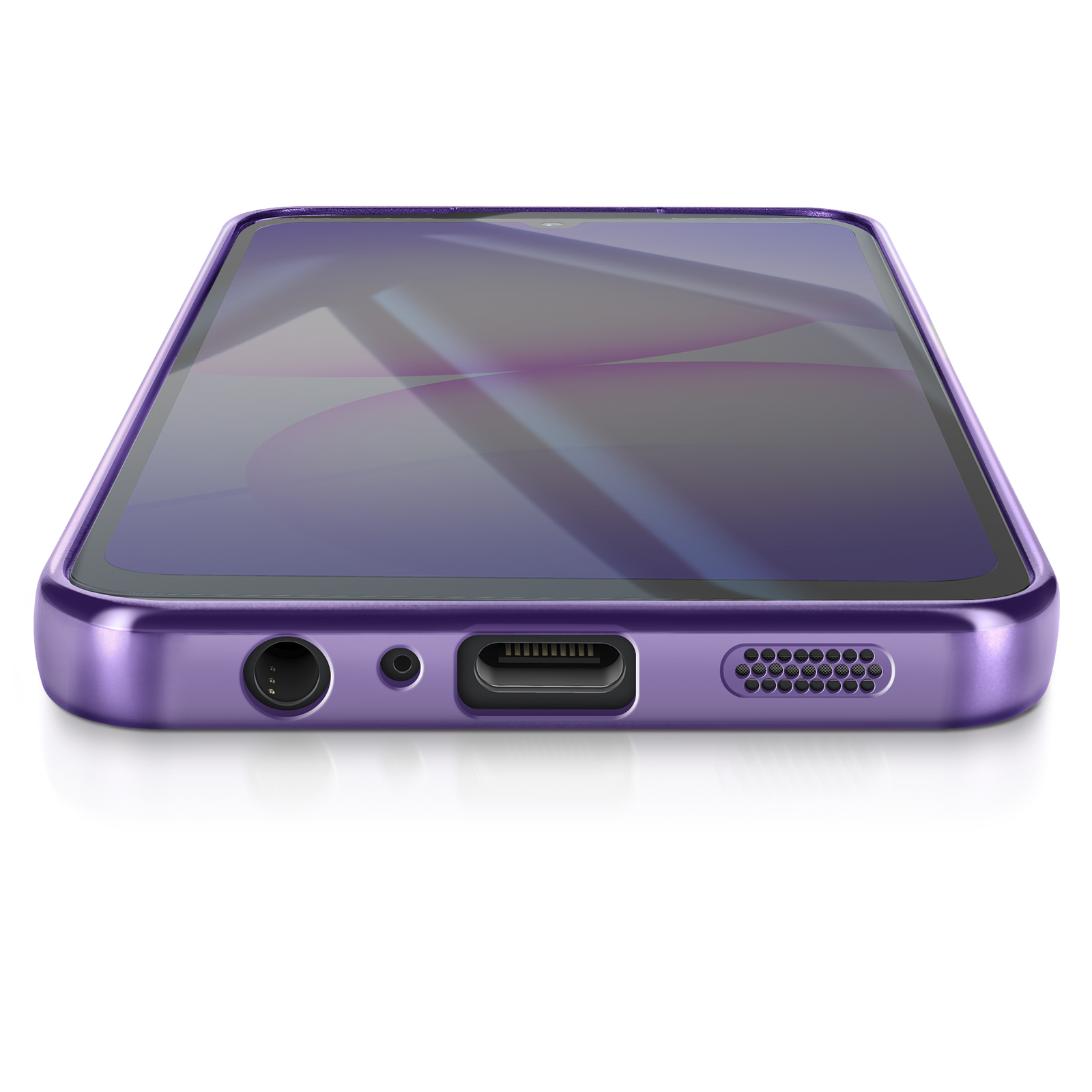 Close-up van een paarse smartphone. Het heeft een scherm, een poort en een luidspreker. De achtergrond is wit.