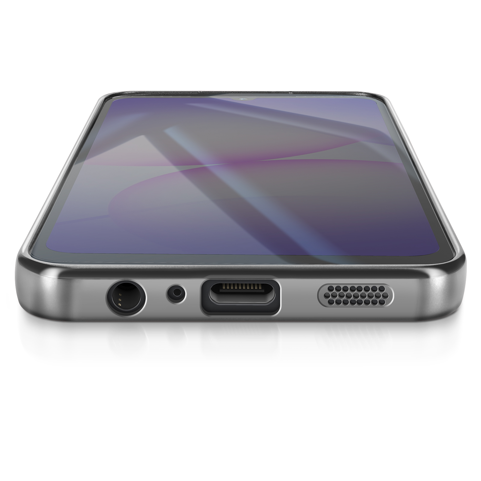 Un smartphone argenté est posé horizontalement. L'écran affiche un design abstrait coloré. Le bas comporte des ports et un haut-parleur.