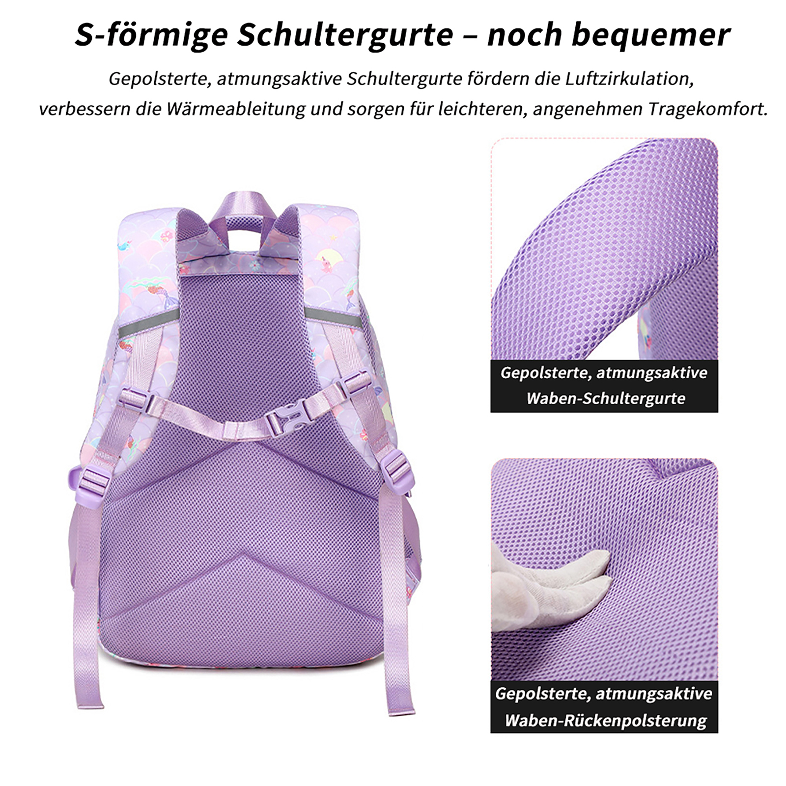 Lila Rucksack mit S-förmigen Schultergurten, Wabenpolsterung und Meerjungfrau-Design.