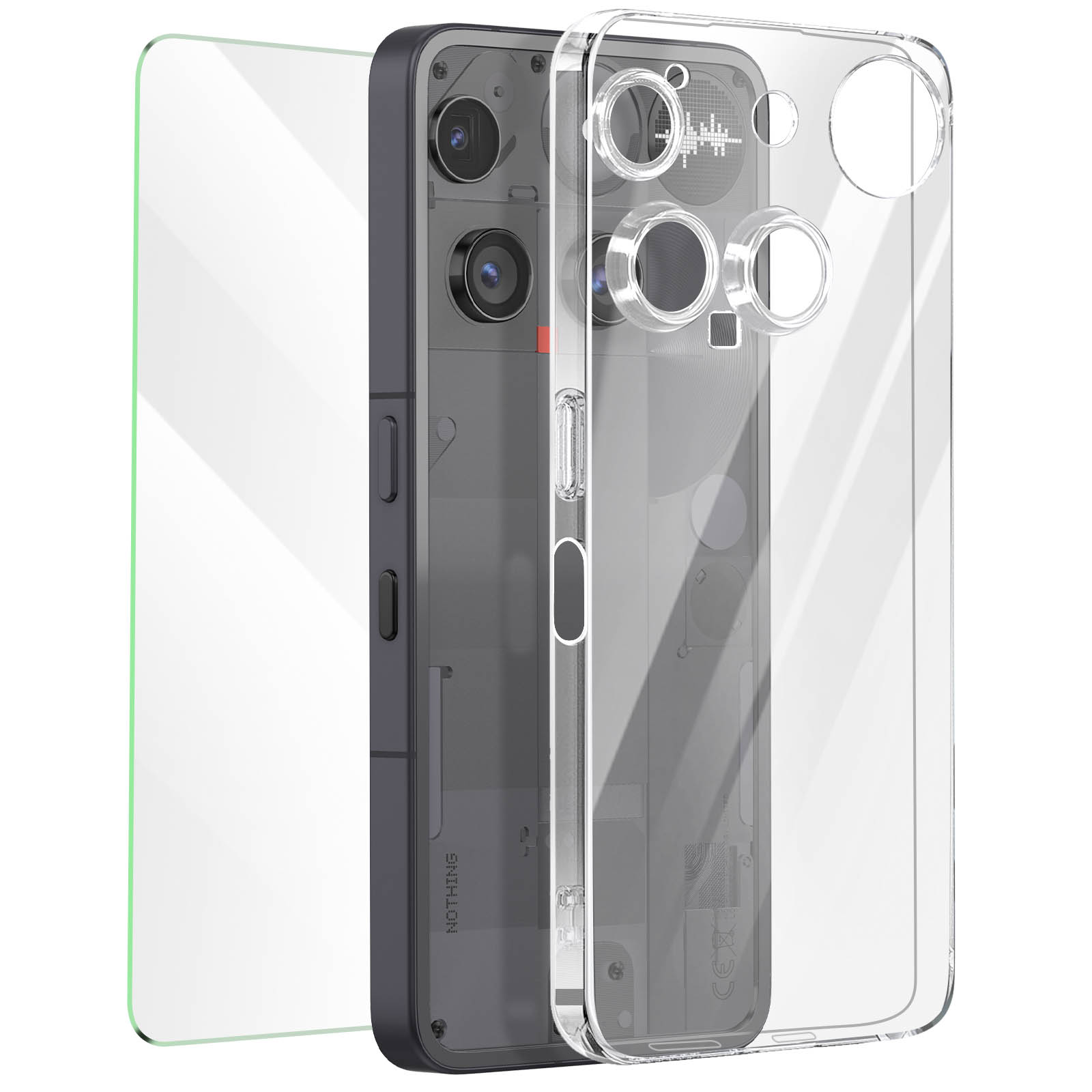 Un telefono in una custodia trasparente. A sinistra una protezione schermo. Fotocamera e parti interne visibili.