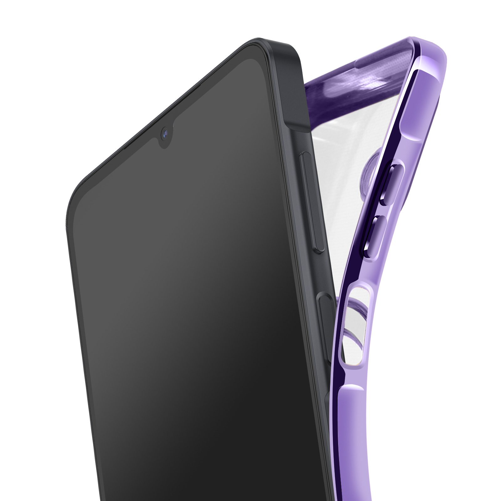 Een smartphone met zwart scherm naast een paarse telefoonhoes op een witte achtergrond.