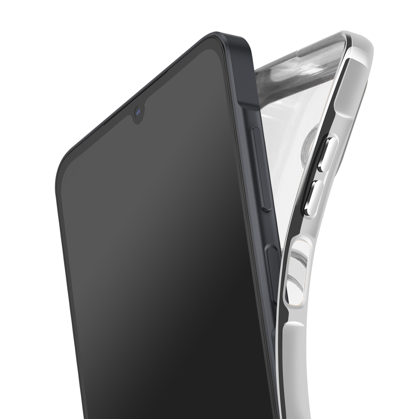 Un smartphone avec un écran noir et une coque de protection transparente. Le téléphone a une caméra frontale.