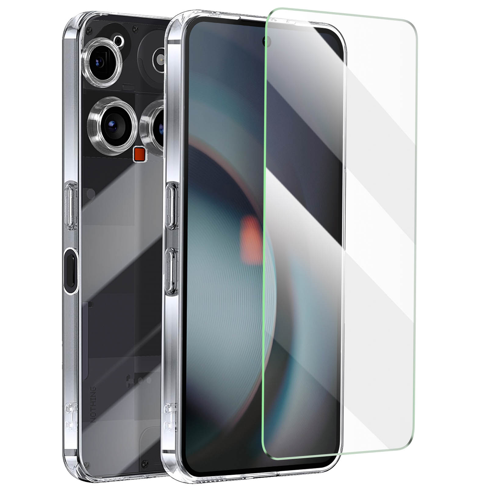 Una custodia trasparente per telefono, un telefono e una protezione per lo schermo sono disposti. La custodia ha un ritaglio per la fotocamera.