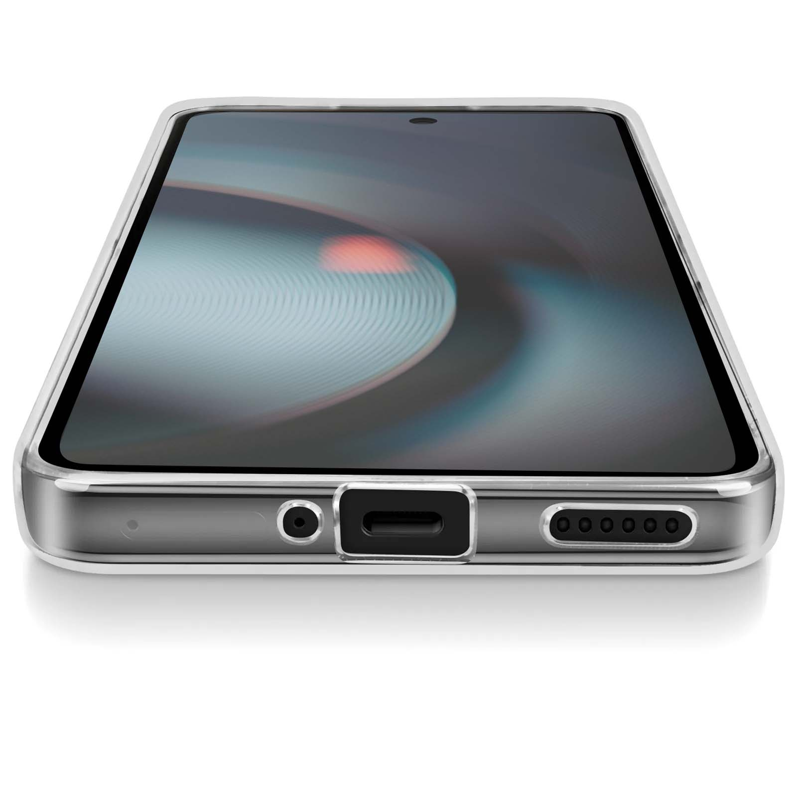 Primo piano di uno smartphone in una custodia trasparente. Lo schermo mostra un'immagine sfocata, la parte inferiore ha porte.