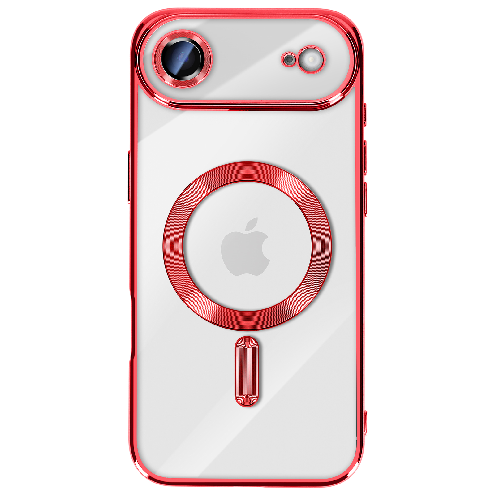 Transparante telefoonhoes met rode rand. Heeft een rode ring en een rood Apple-logo. Rode camering.